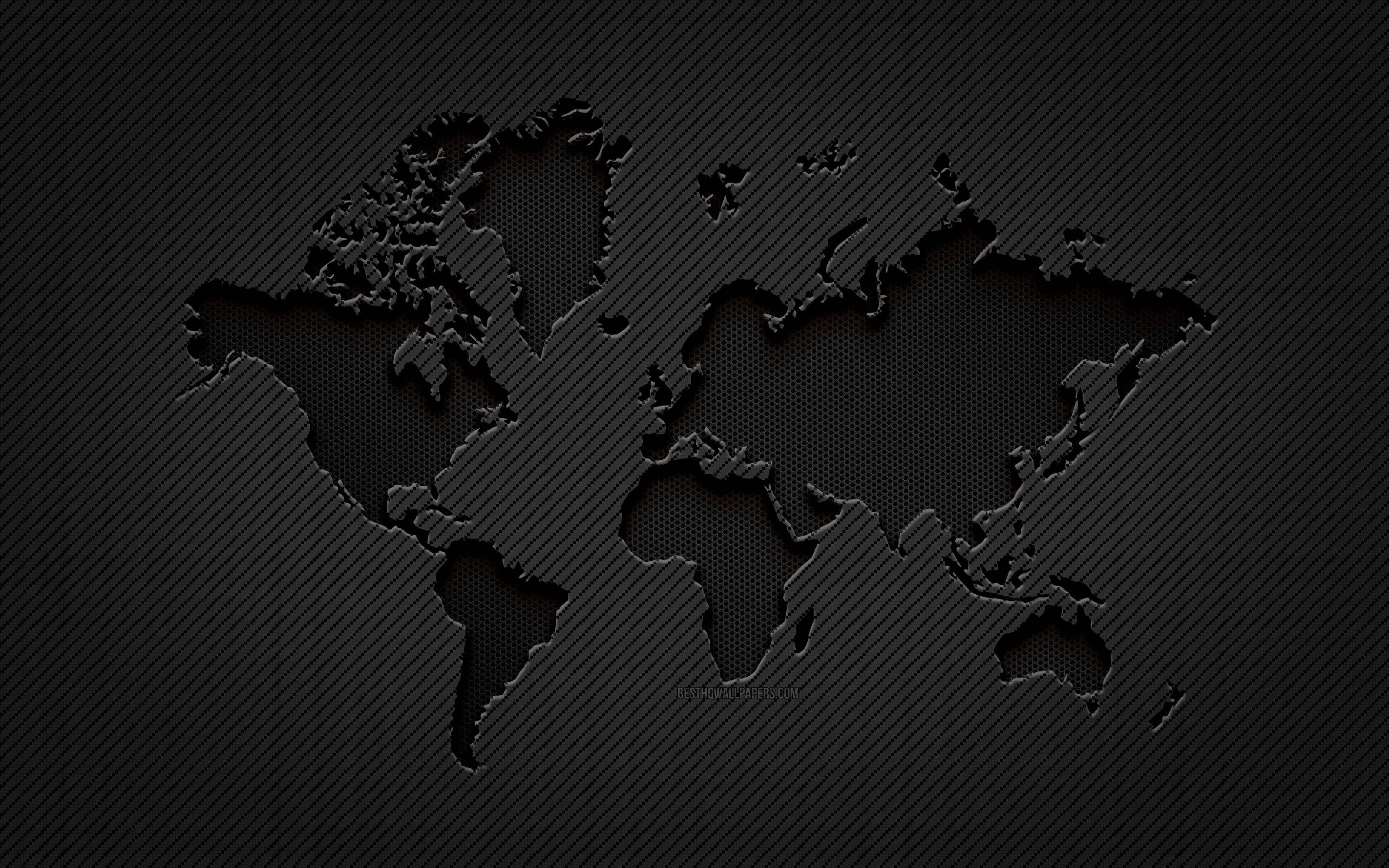 black engraved world map, carbon fiber background, diagonal striations, 4K Desktop Wallpaper