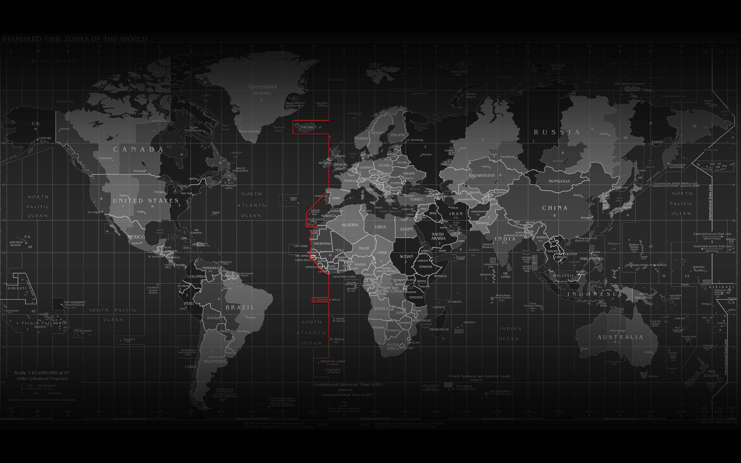 black and gray, timezone world map, red line, 2K Desktop Wallpaper