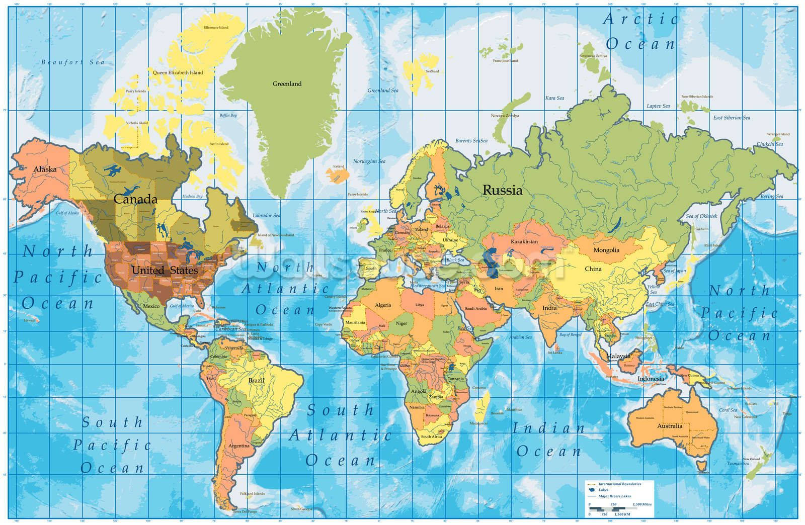 World Map, labeled countries, oceans, HD Desktop Wallpaper