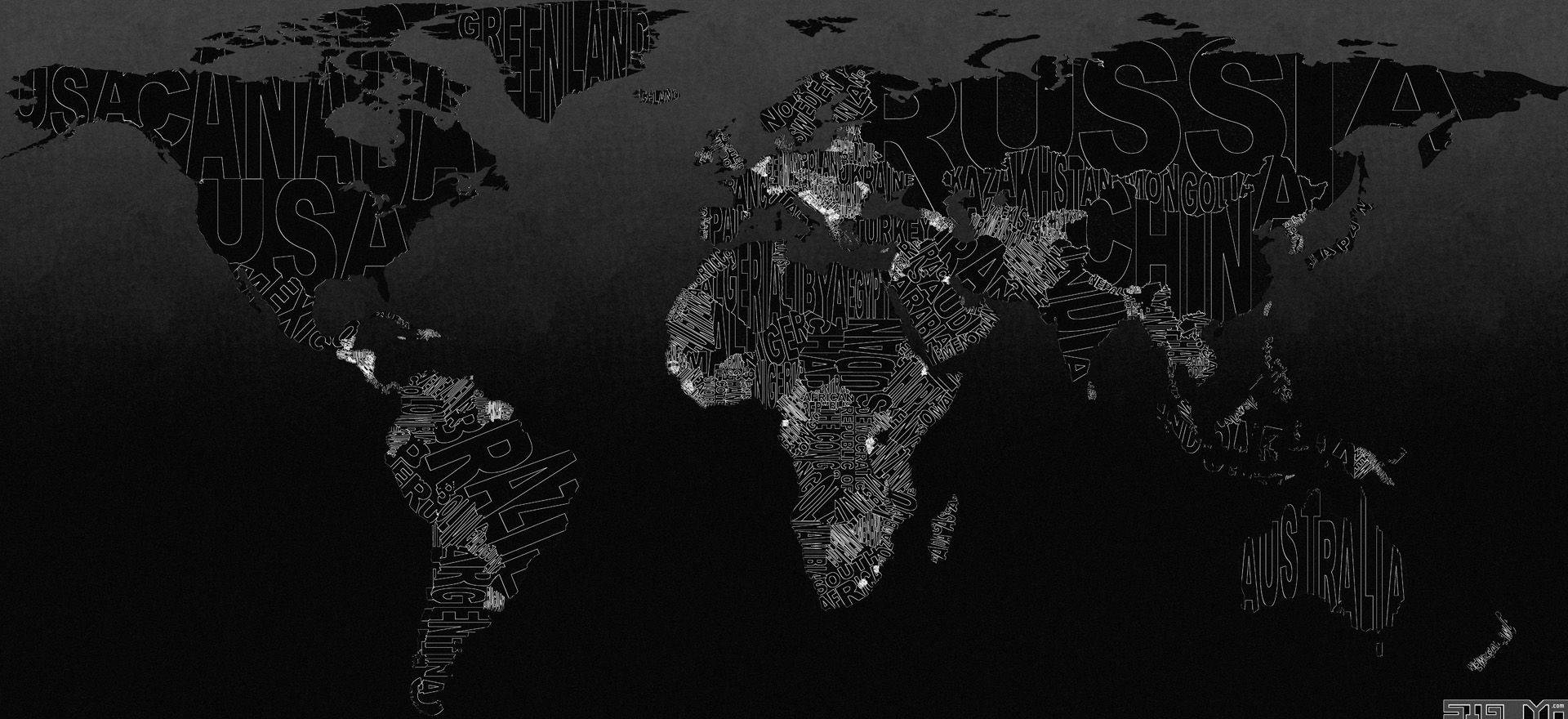 Dark World Map, country names, monochrome world map, Full HD Desktop Wallpaper