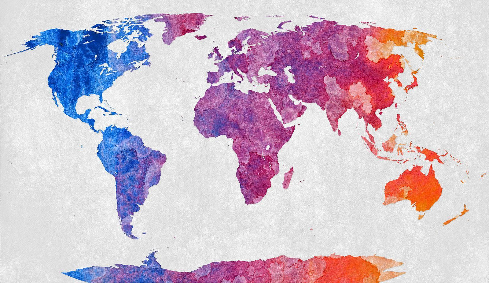 watercolor world map, vibrant blues purples and oranges, textured white background, HD Desktop Wallpaper