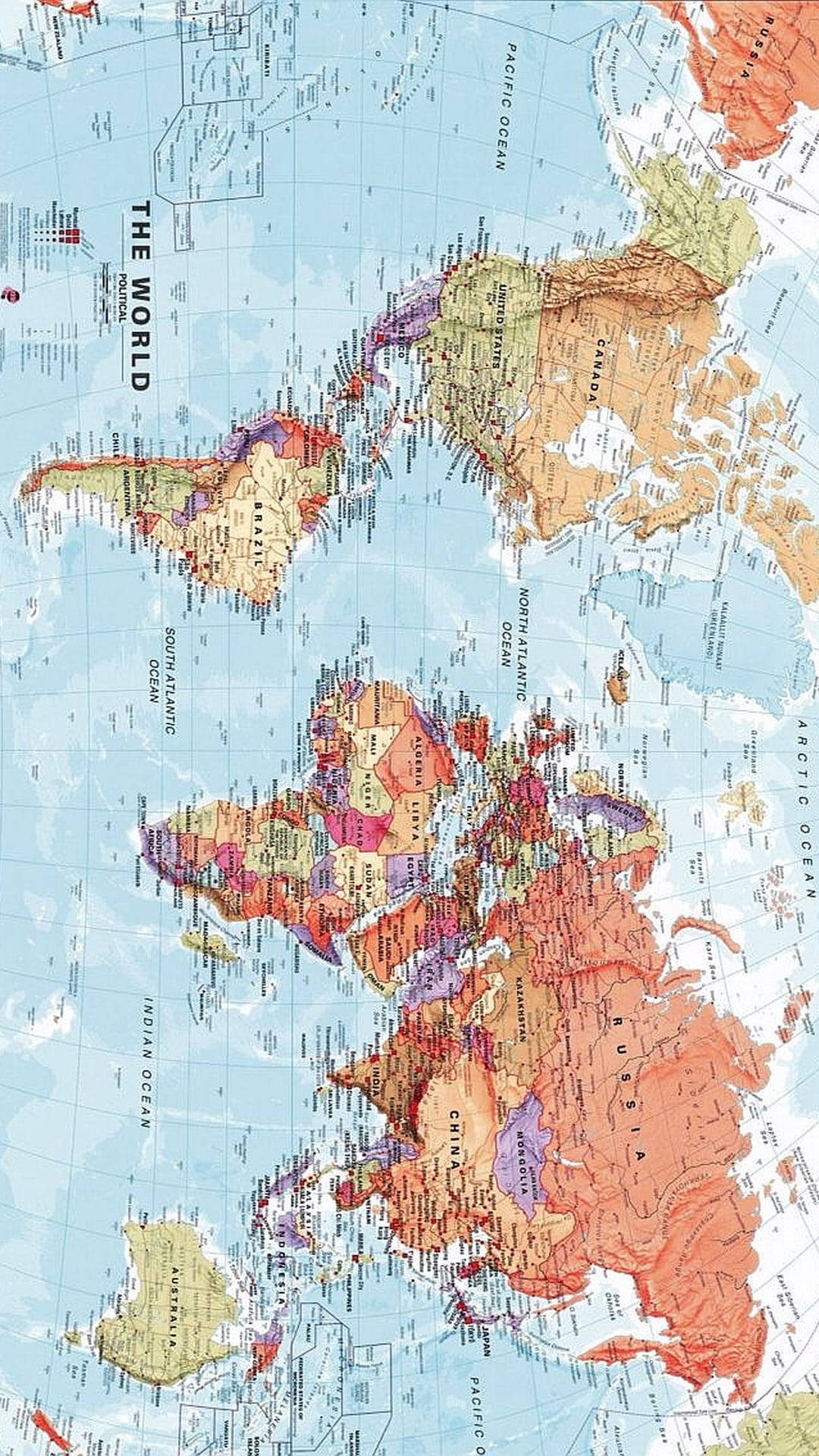 traditional colored world map, vintage-style world map, colorful countries, Full HD Phone Wallpaper