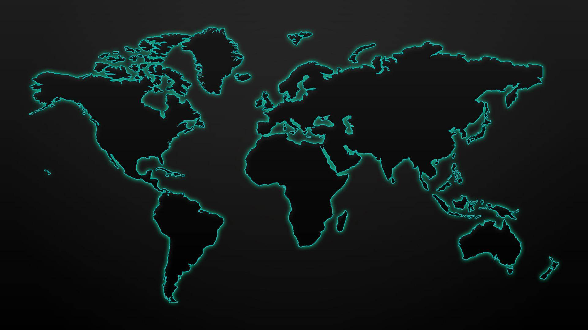 minimalist neon blue and black world map, glowing teal outline, world map, Full HD Desktop Wallpaper