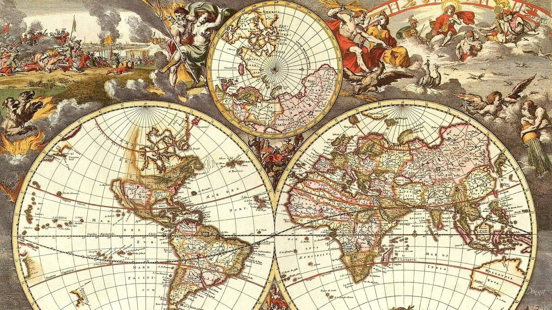 antique world map, mythological figures, battle scenes, Full HD Desktop Wallpaper