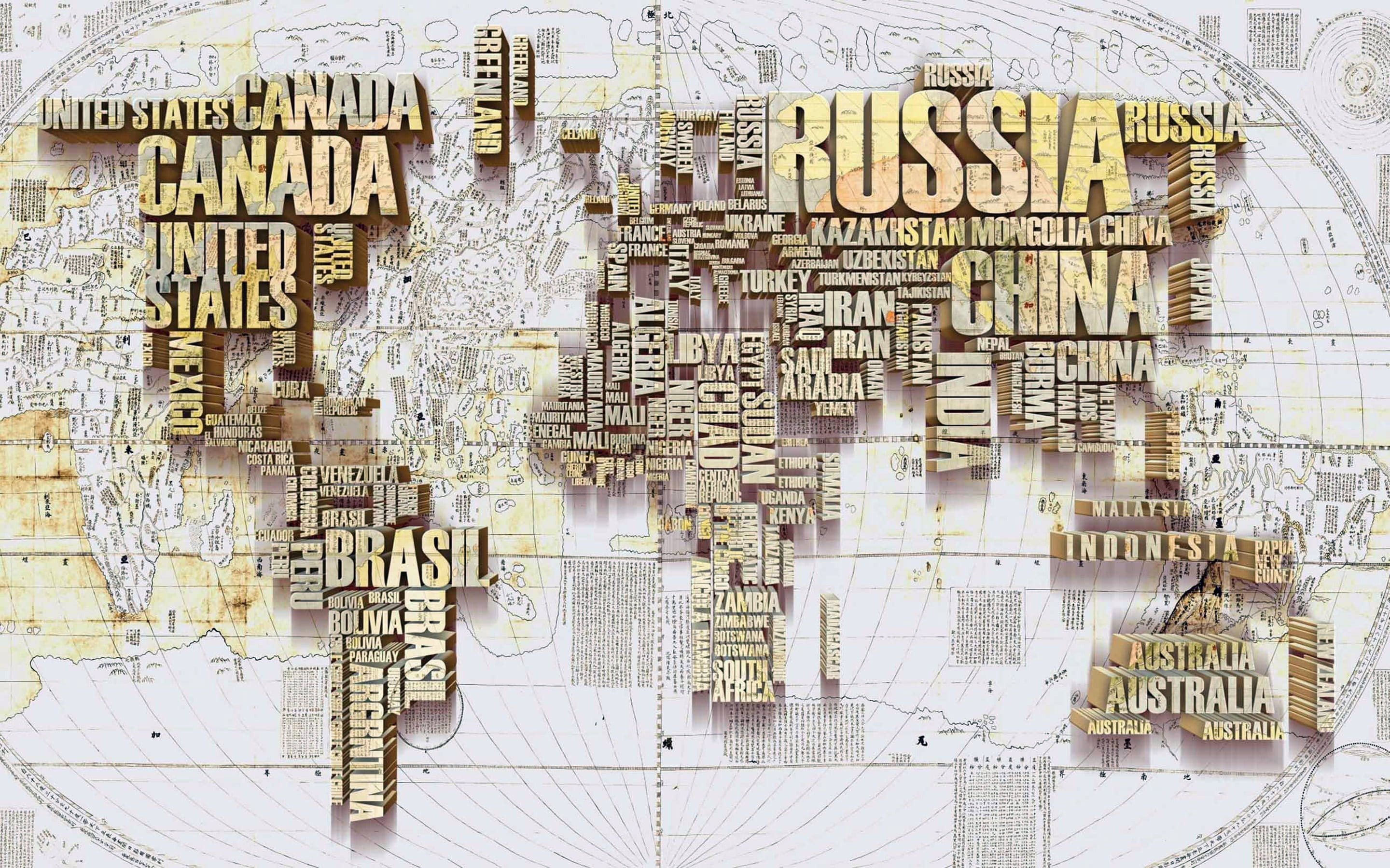 vintage-style world map, 3d text labels, gold and beige tones, 2K Desktop Wallpaper