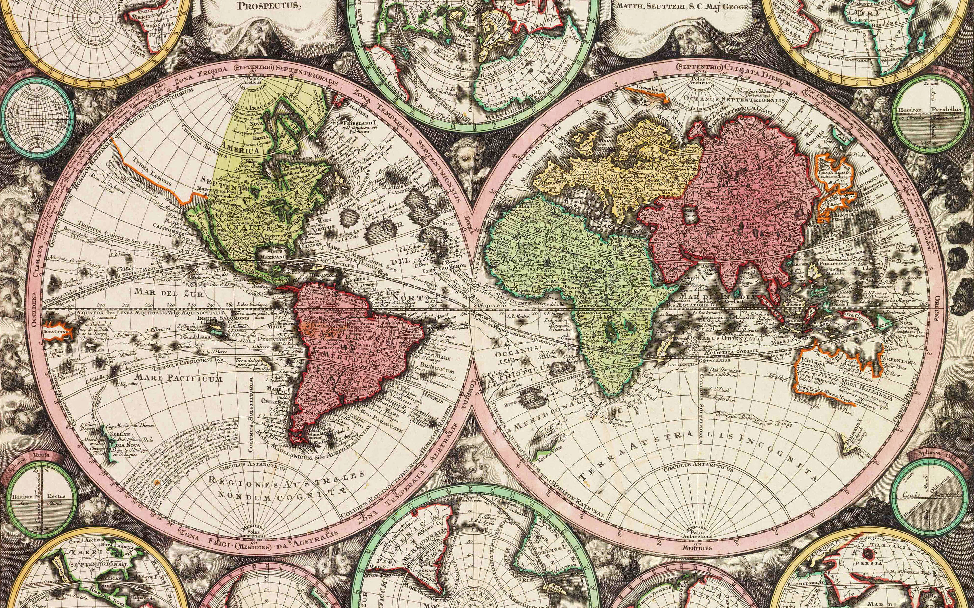 dual circle world map, double-hemisphere world map, ornate borders, 4K Desktop Wallpaper