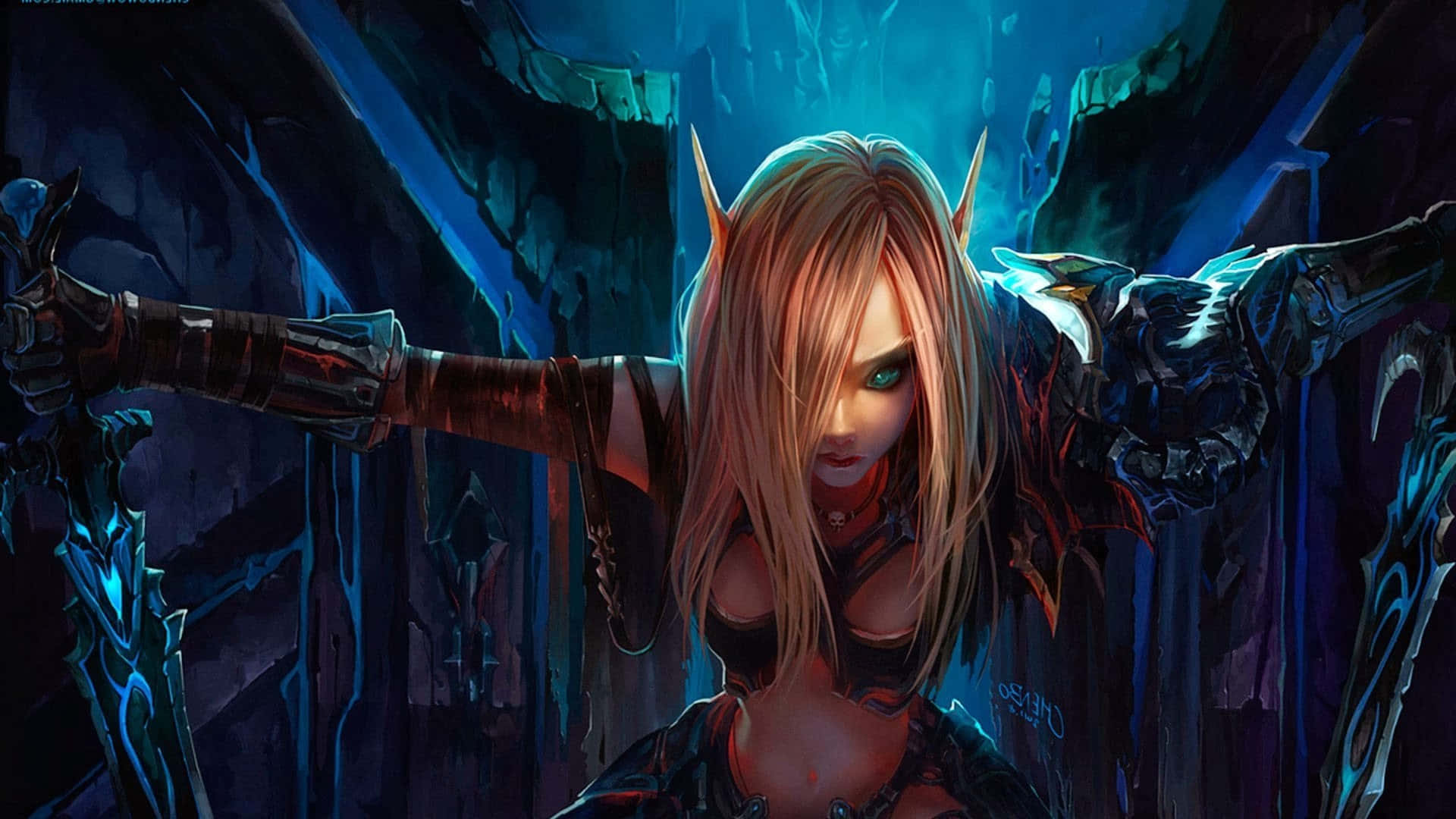 World Of Warcraft, elf warrior, glowing green eyes, Full HD Desktop Wallpaper