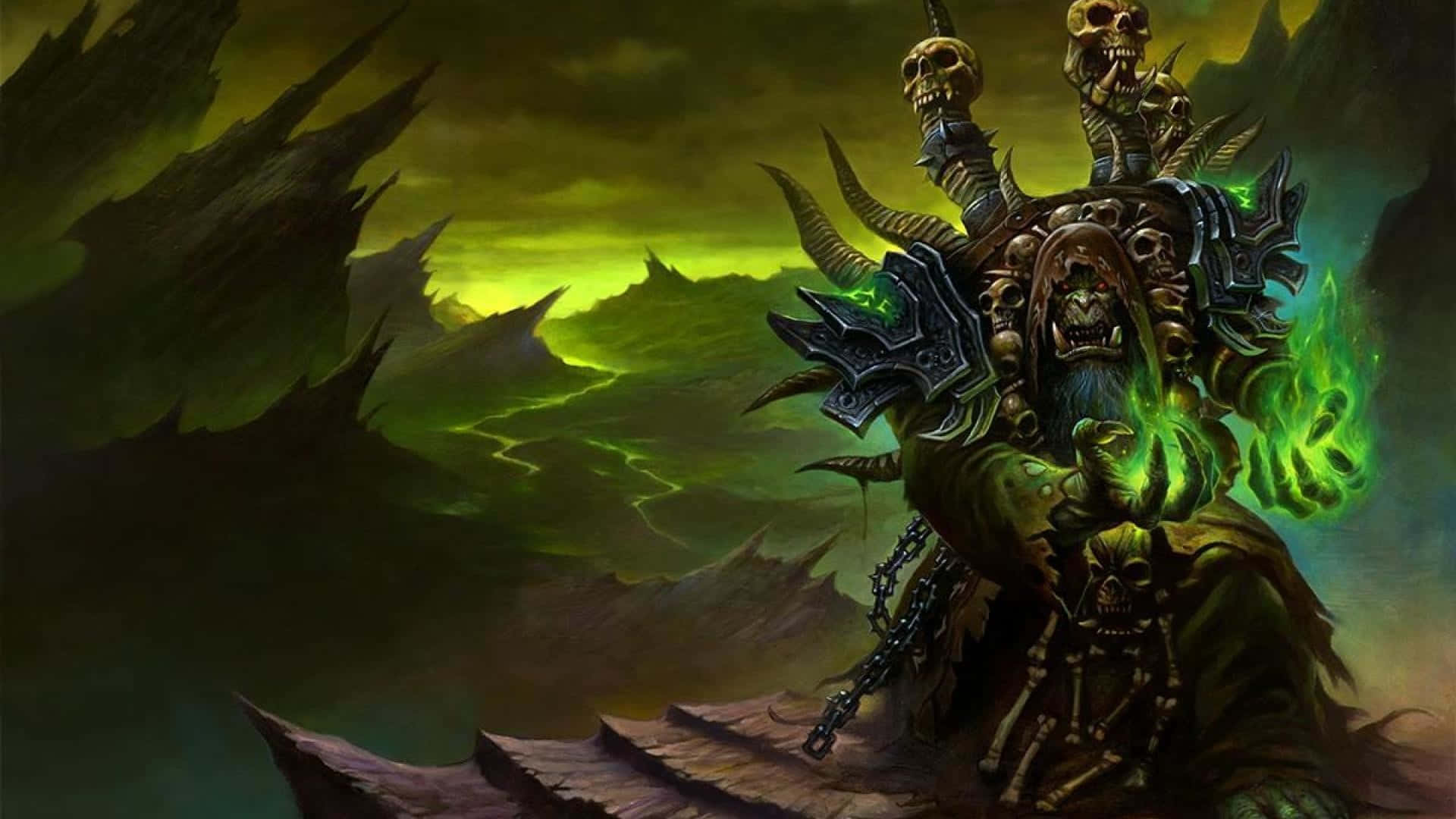 World of Warcraft, demonic warlord, glowing green magic, Full HD Desktop Wallpaper