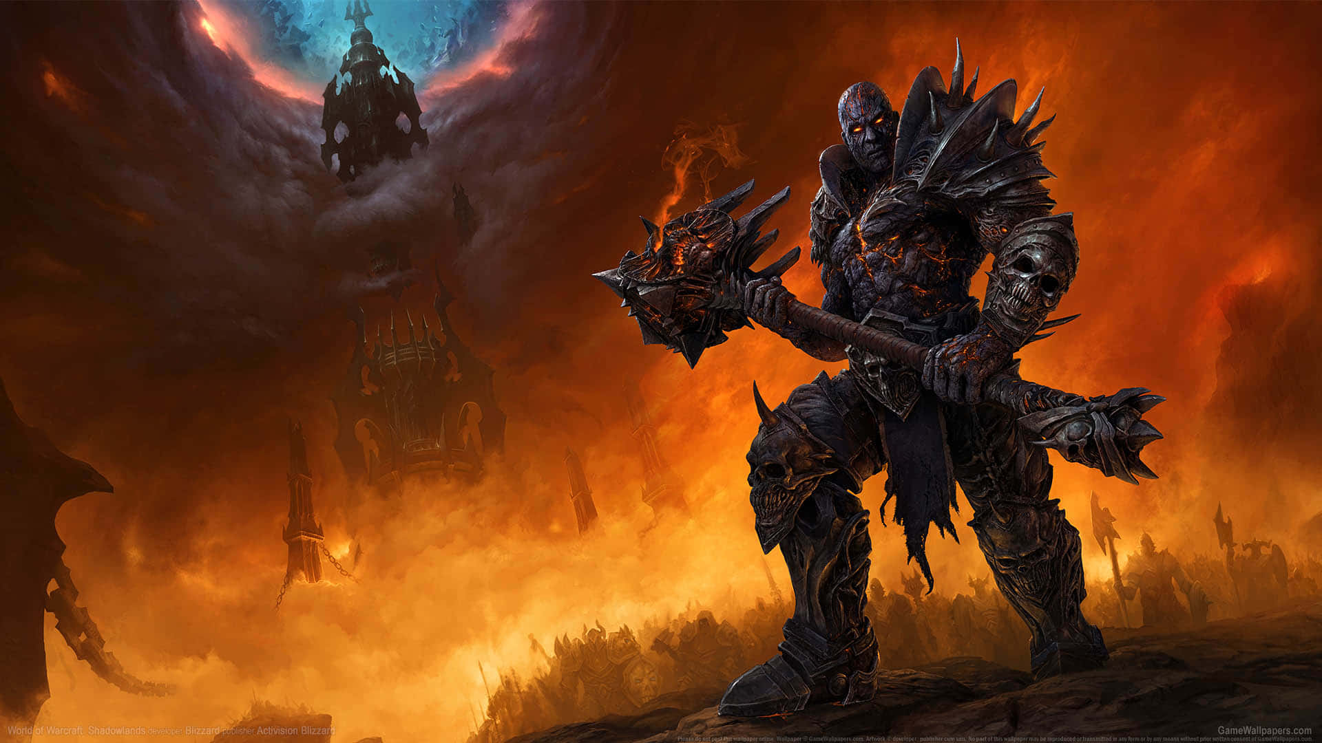 World of Warcraft, dark armored warrior, spiked mace, Full HD Desktop Wallpaper