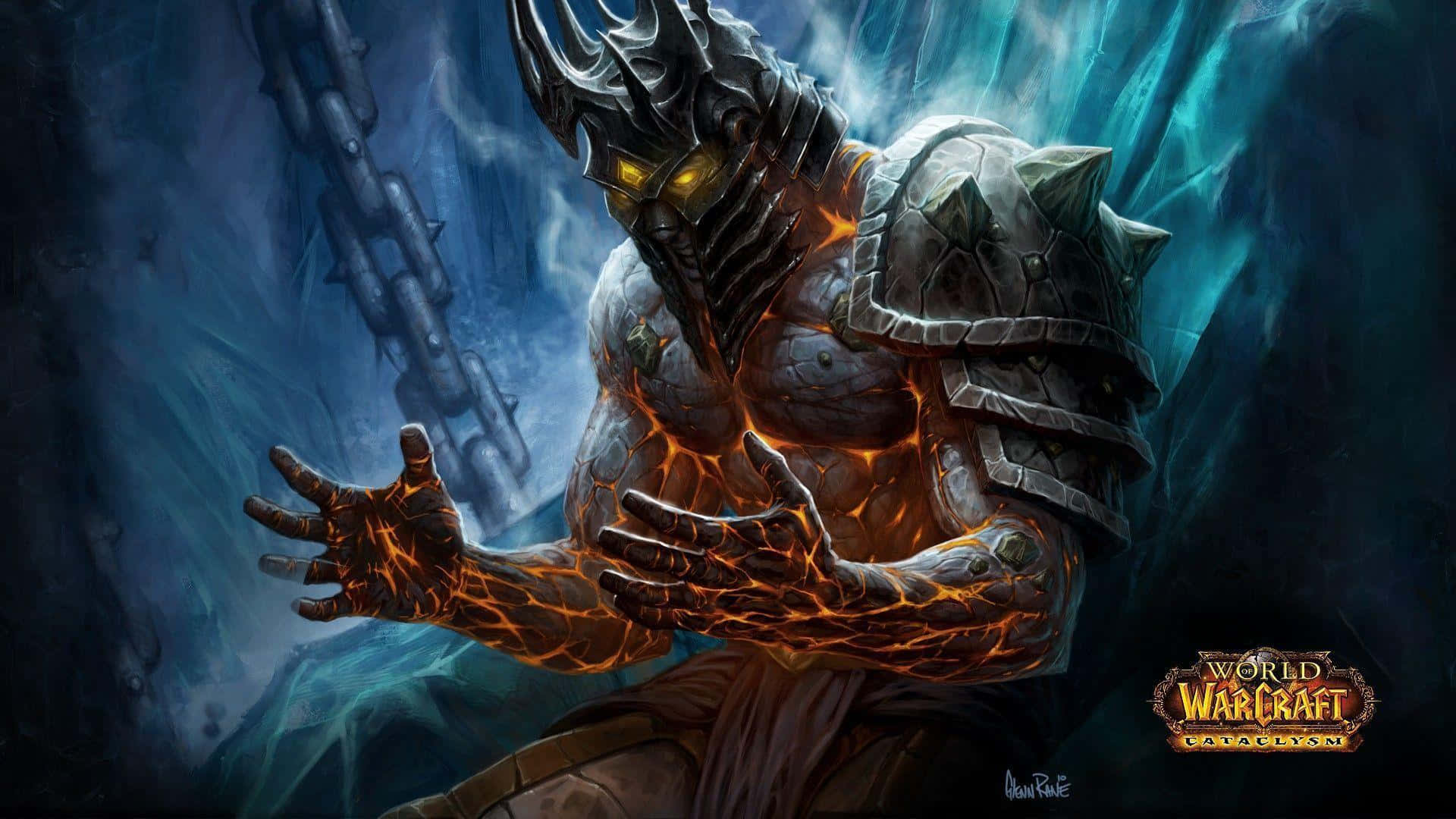 World of Warcraft, glowing yellow eyes, molten orange veins, Full HD Desktop Wallpaper