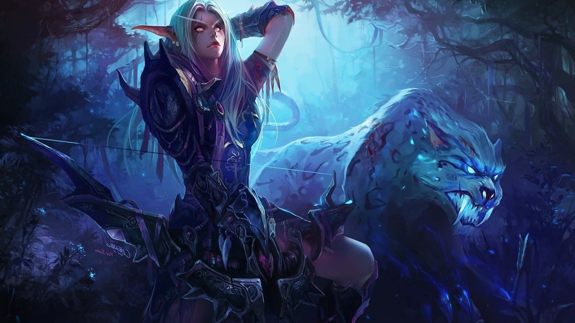 World of Warcraft, pale elf, spectral blue panther, Full HD Desktop Wallpaper