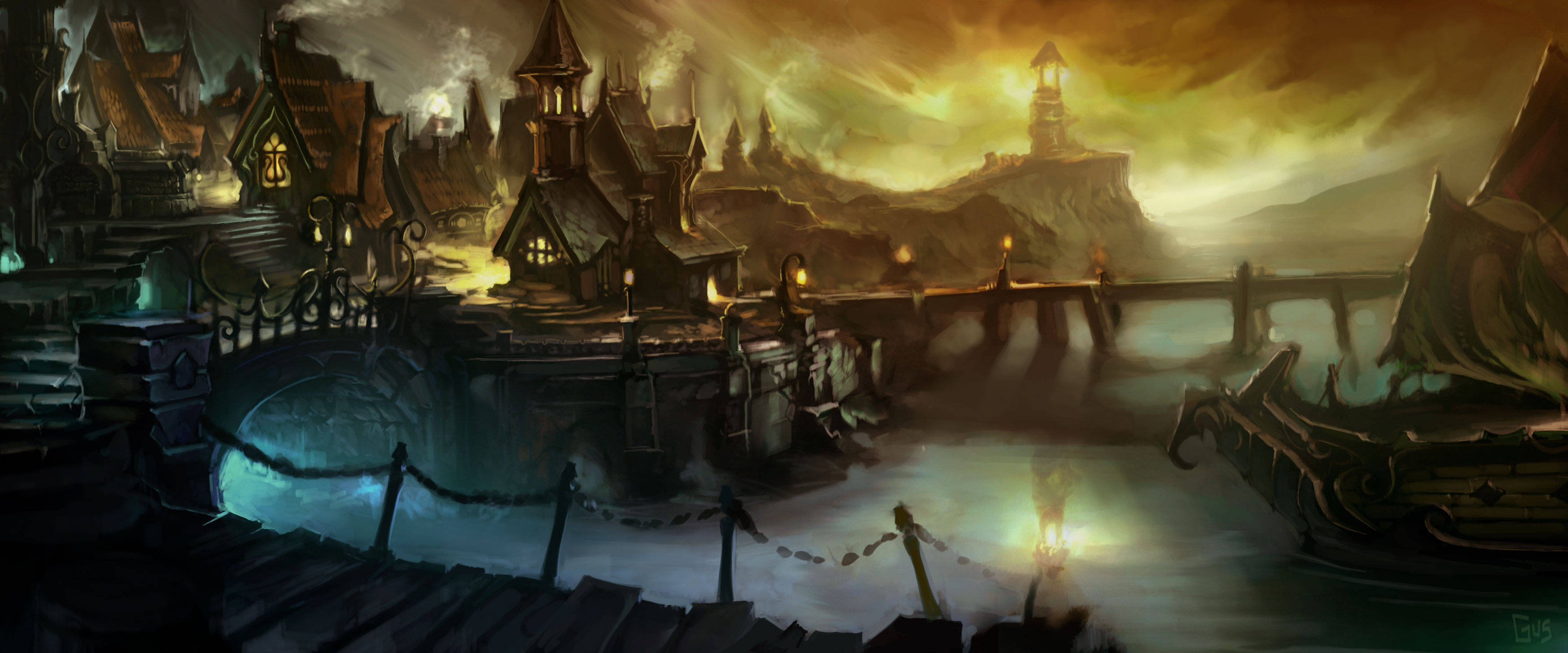 World Of Warcraft, dark fantasy village, dusk, 2K Desktop Wallpaper
