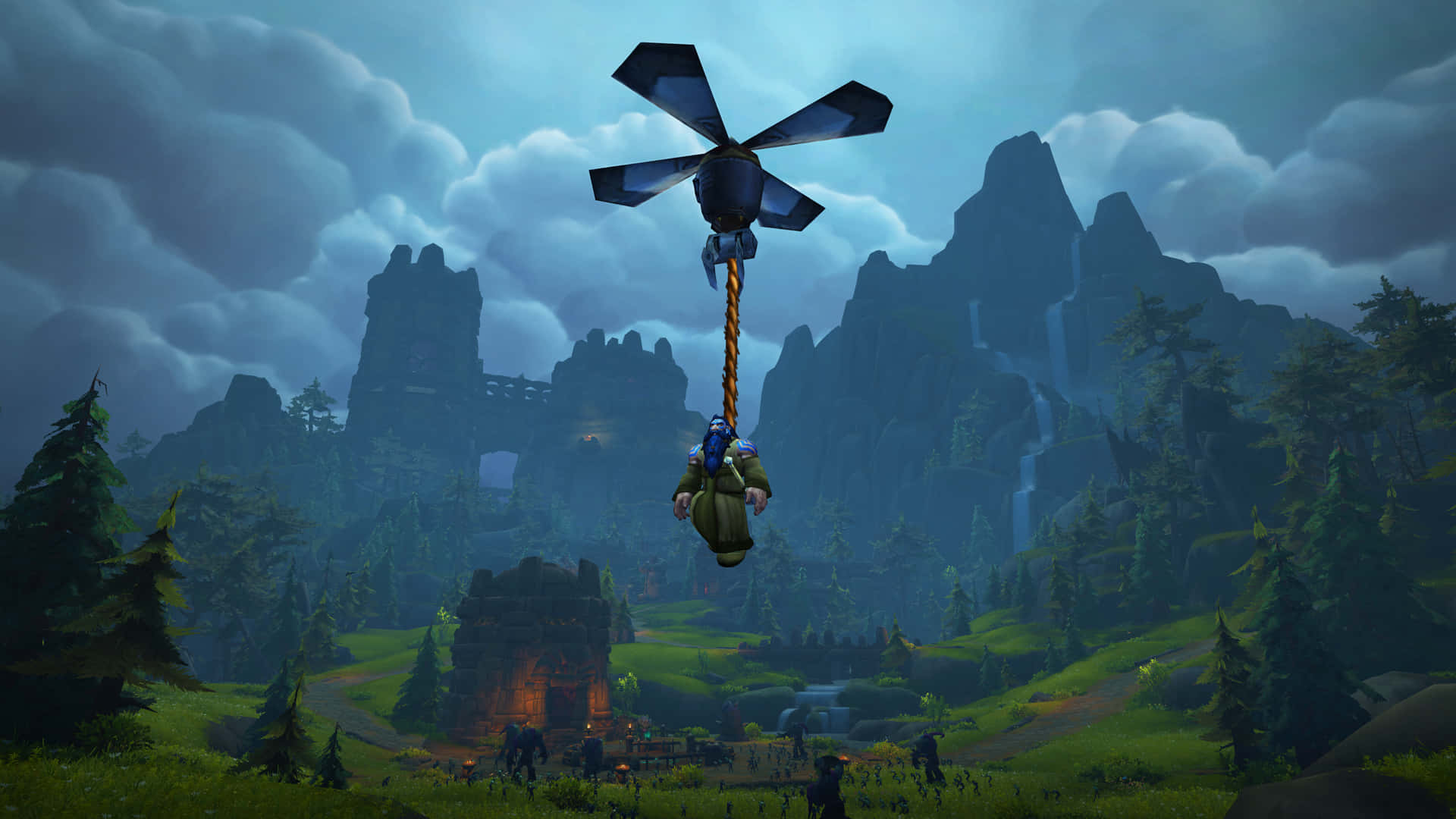 Warcraft 2, flying machine, misty mountain valley, Full HD Desktop Wallpaper