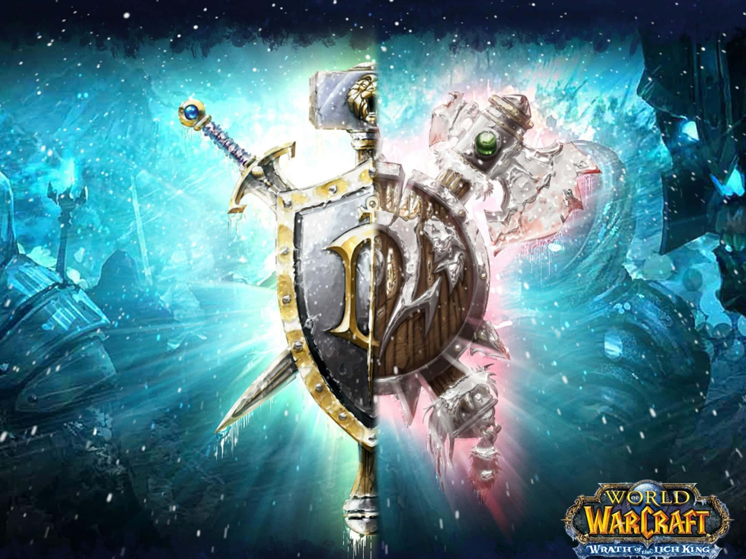 World of Warcraft, glowing sword, shield, 2K Desktop Wallpaper