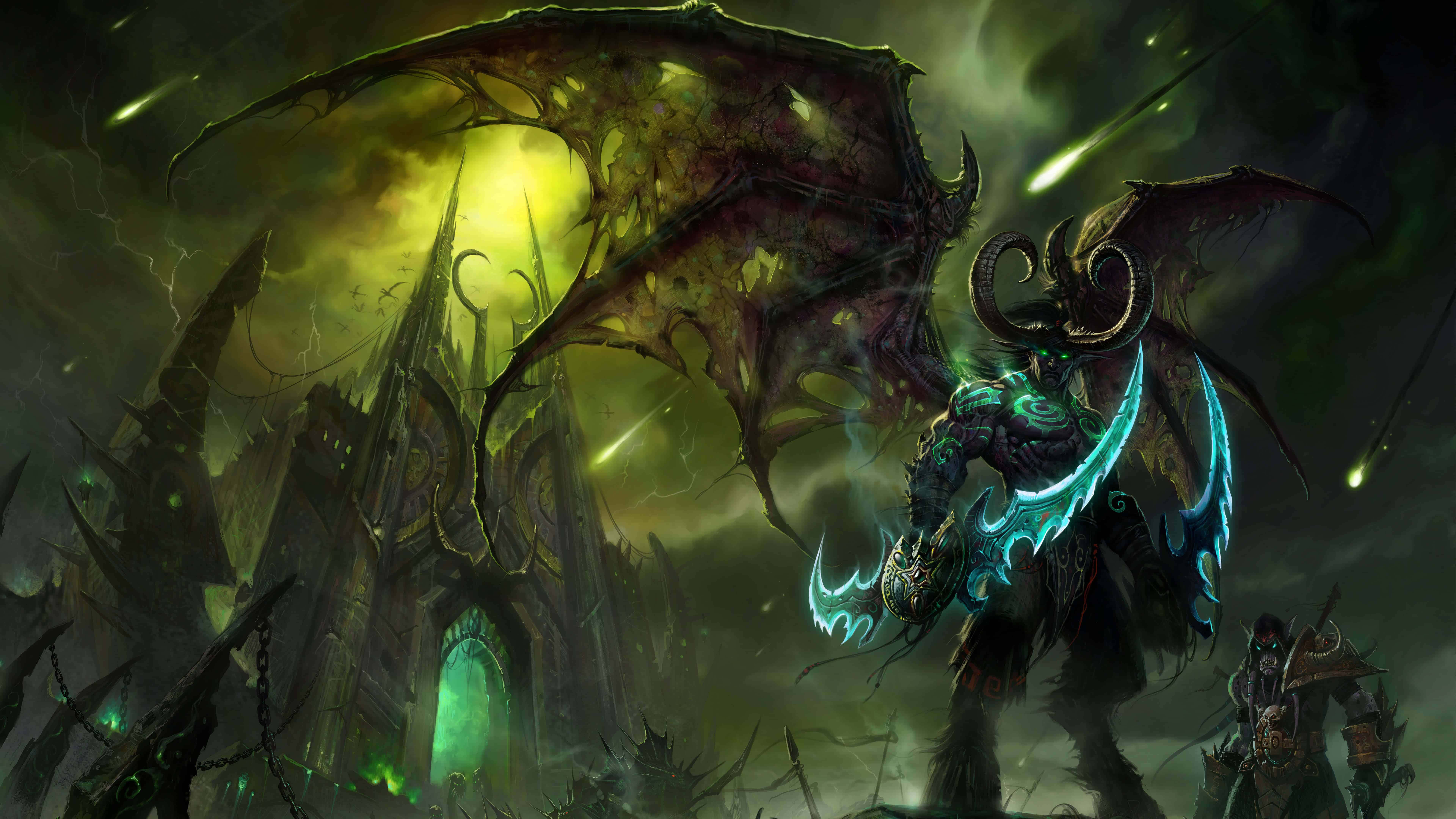 World of Warcraft, demon, glowing blue blades, 8K Desktop Wallpaper