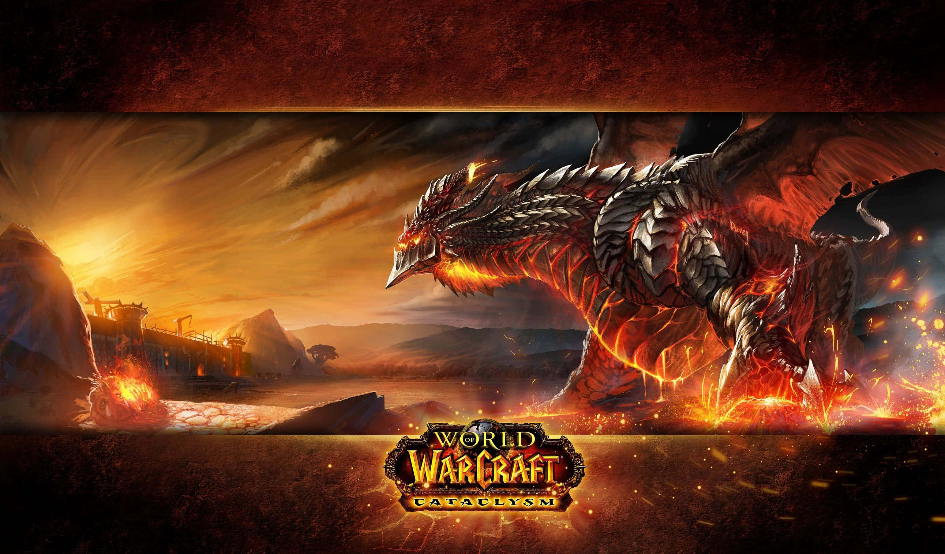 World of Warcraft Cataclysm, fiery dragon, desolate battlefield, 2K Desktop Wallpaper