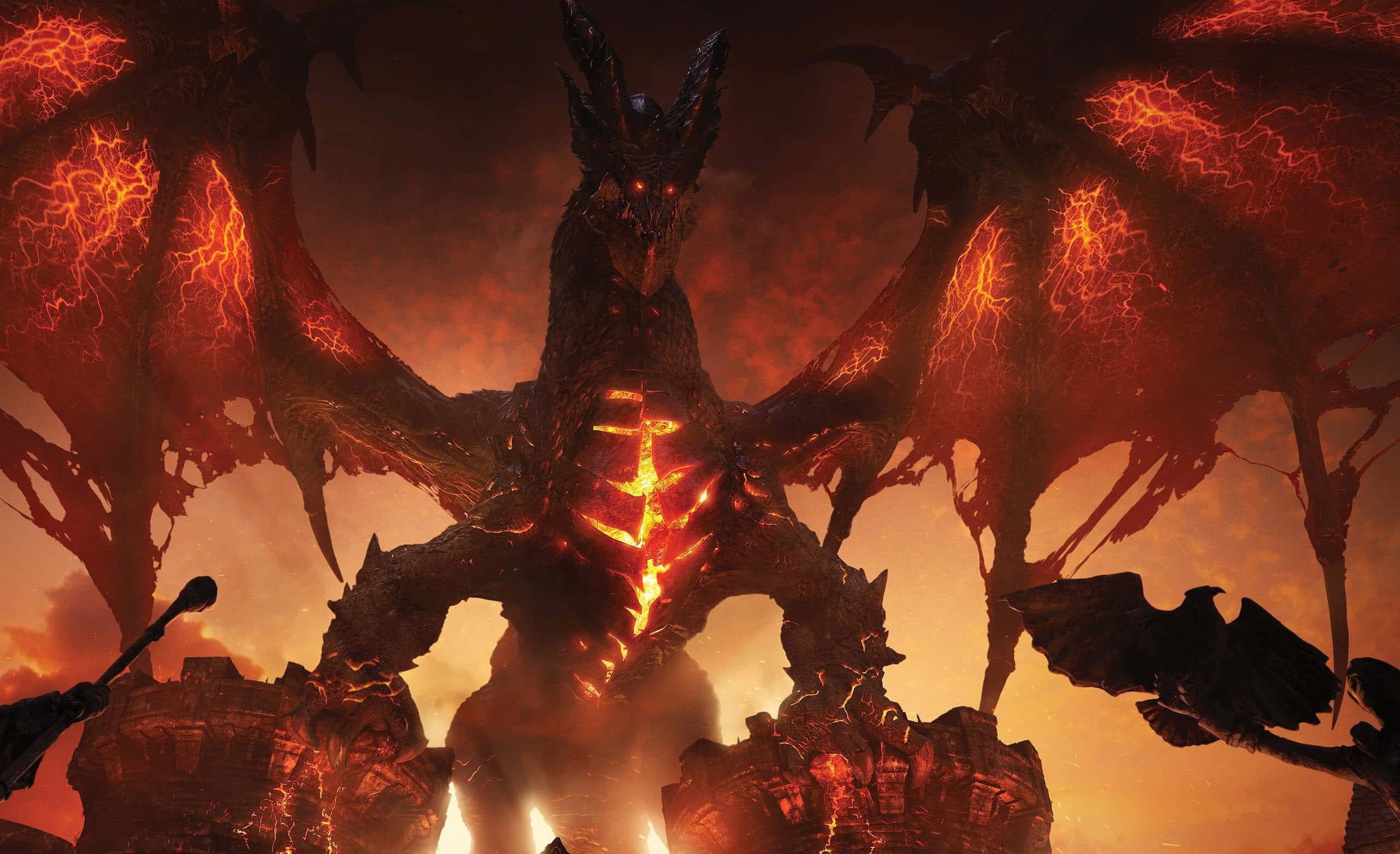 World of Warcraft Cataclysm, demonic dragon, glowing orange veins, 2K Desktop Wallpaper