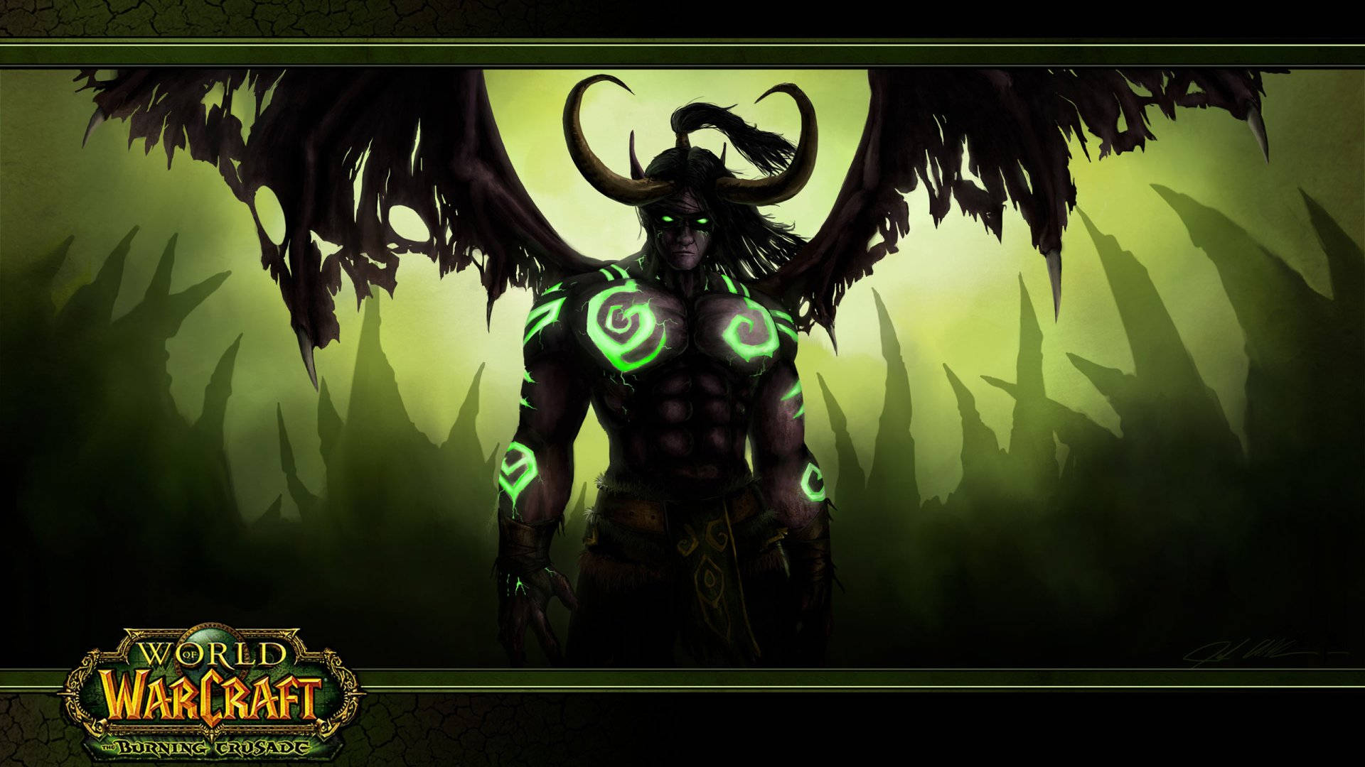 World Of Warcraft Demon Hunter, glowing green tattoos, massive wings, Full HD Desktop Wallpaper