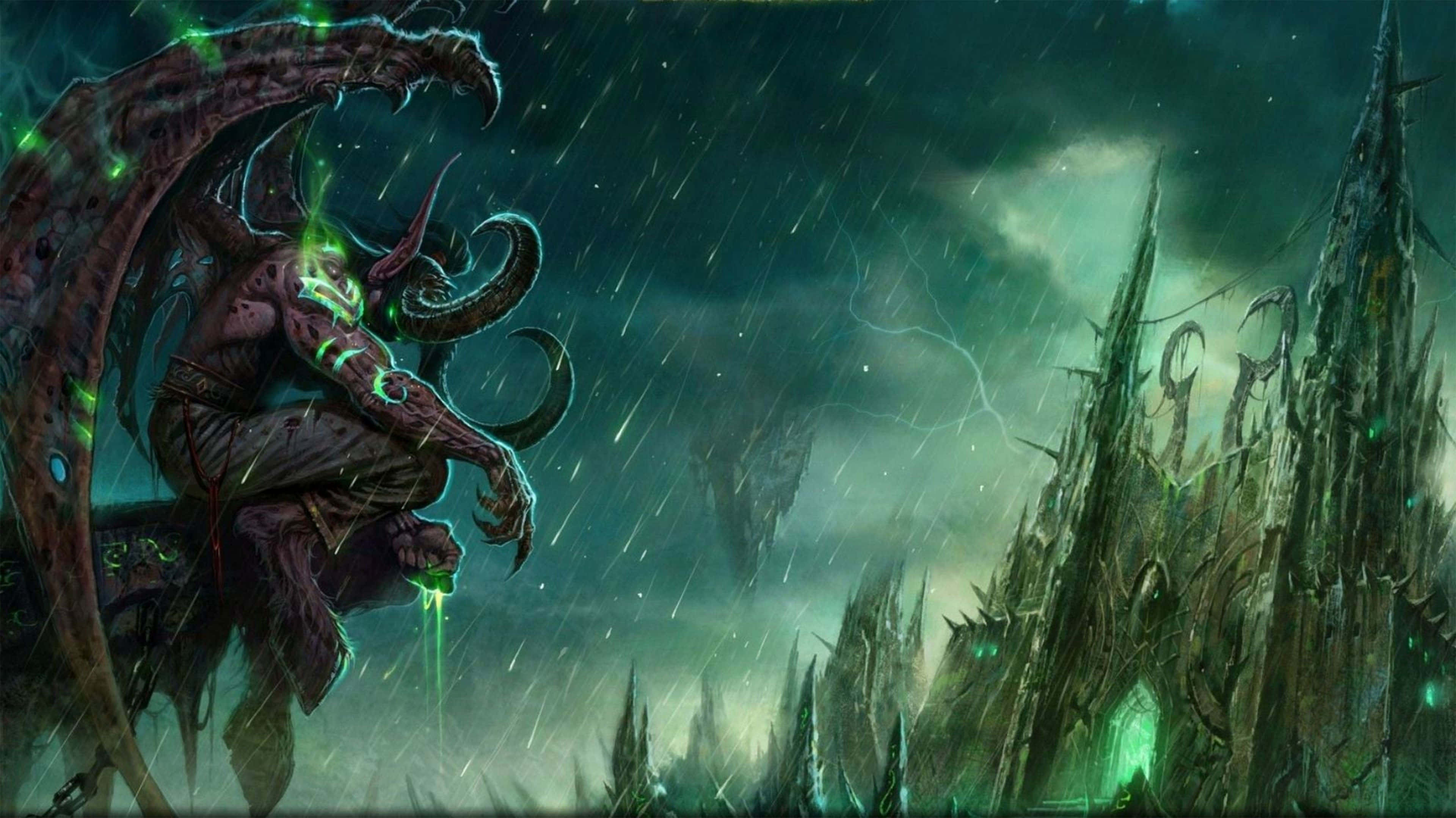 Demon Hunter, glowing green markings, stormy gothic ruin, 4K Desktop Wallpaper