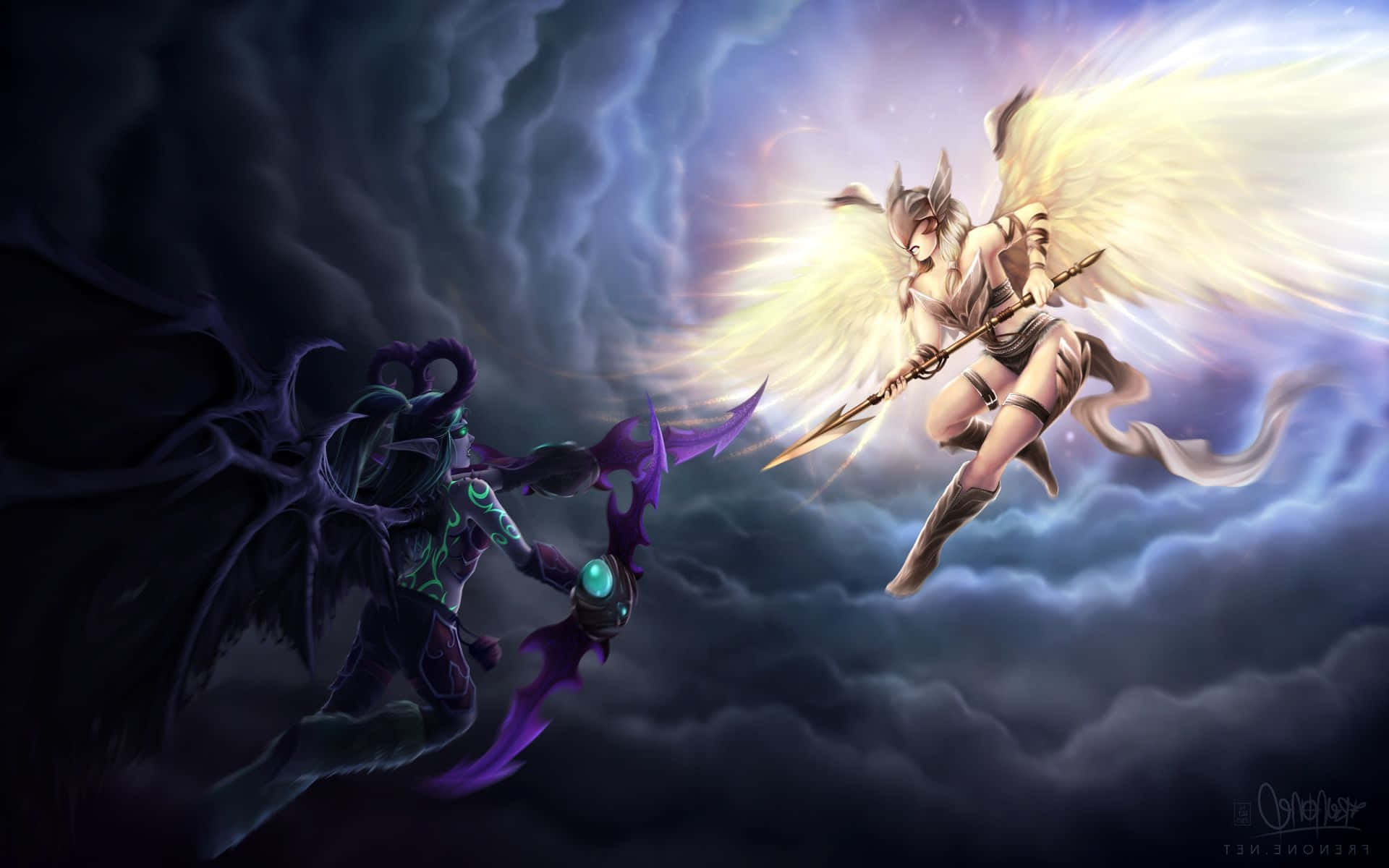 Demon Hunter, angelic warrior, glowing wings, Full HD Desktop Wallpaper