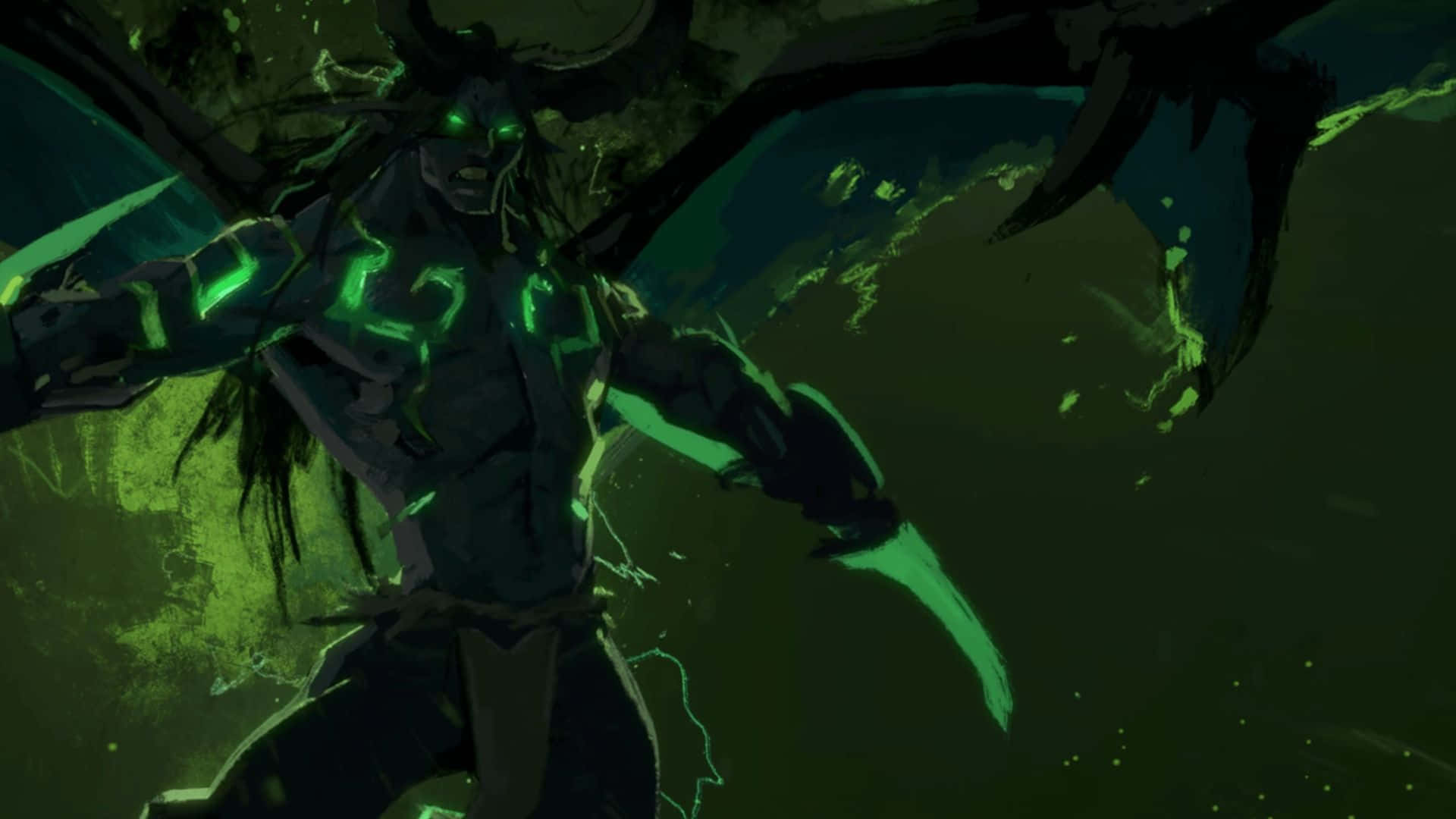 Demon Hunter, dark-winged creature, glowing green eyes, Full HD Desktop Wallpaper