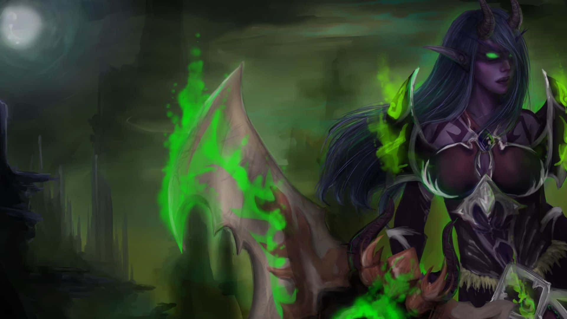 Demon Hunter, World of Warcraft, glowing green axe, Full HD Desktop Wallpaper