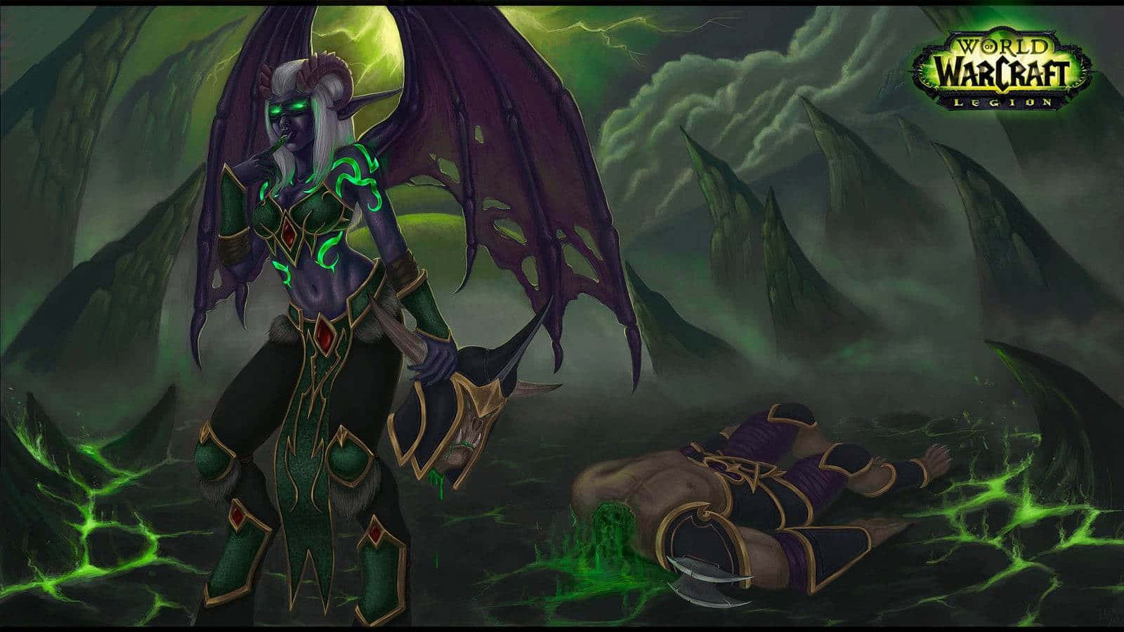 demon hunter, World of Warcraft, glowing green eyes, HD Desktop Wallpaper
