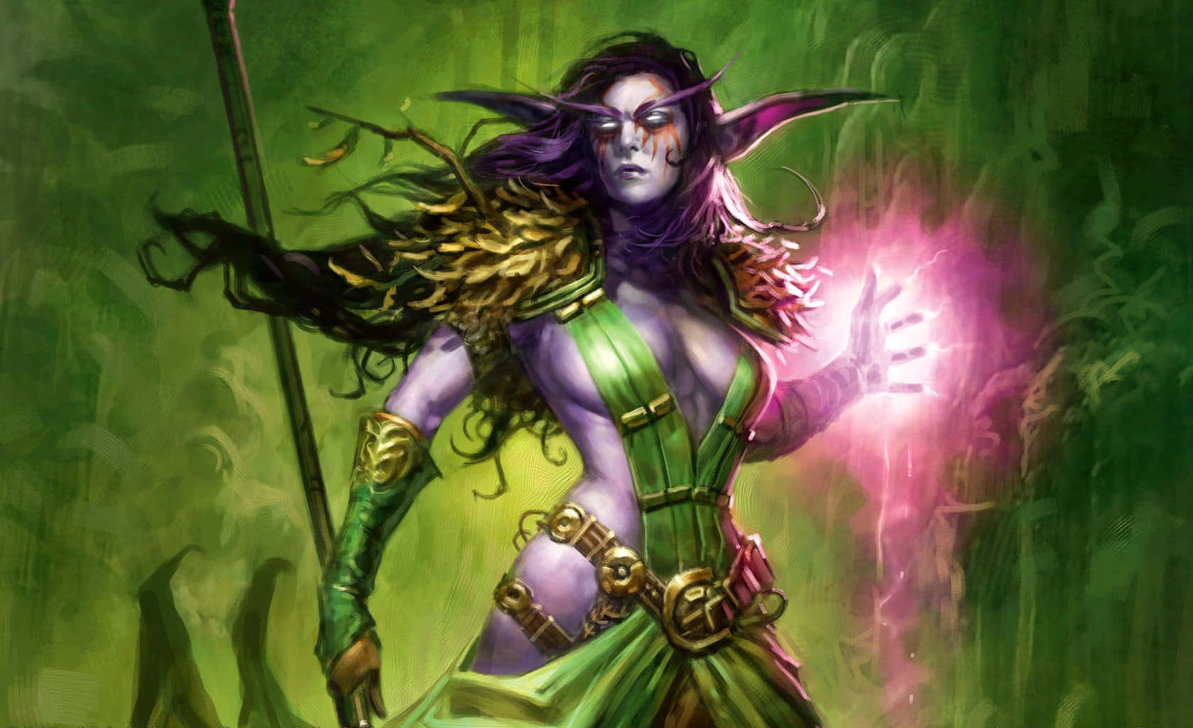 World of Warcraft Druid, mystical forest, purple-skinned elf witch, HD Desktop Wallpaper