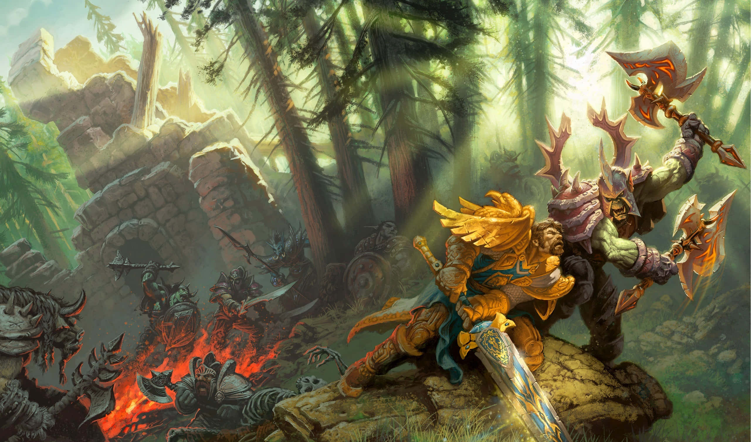 Warcraft, golden-armored warrior, green-skinned orc, 2K Desktop Wallpaper
