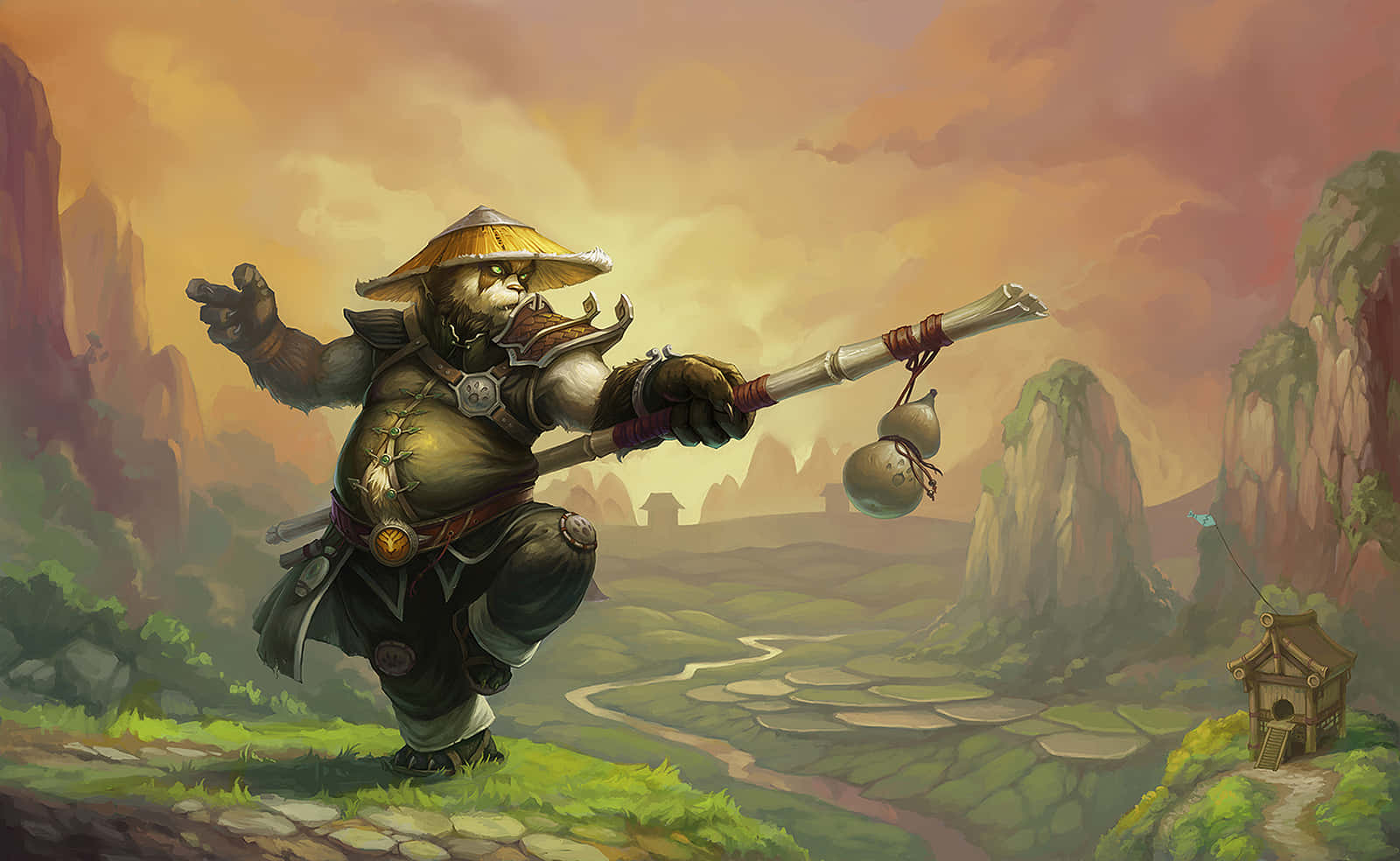 panda warrior, straw hat, staff with gourds, HD Desktop Wallpaper