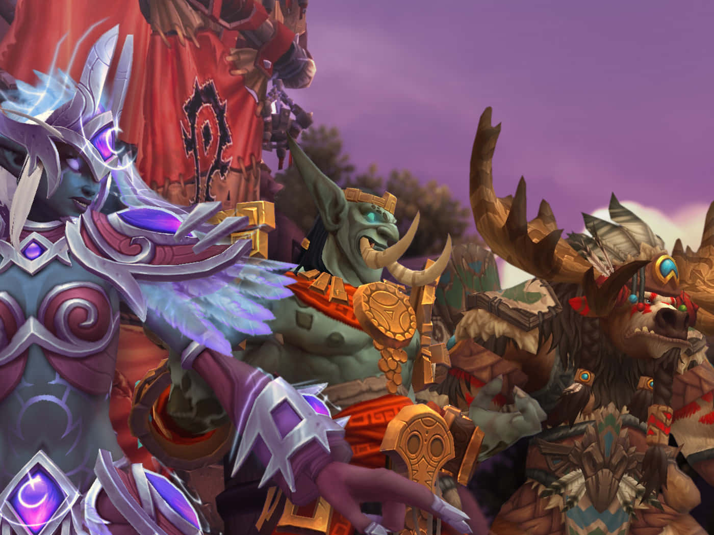World of Warcraft, races, purple twilight sky, HD Desktop Wallpaper
