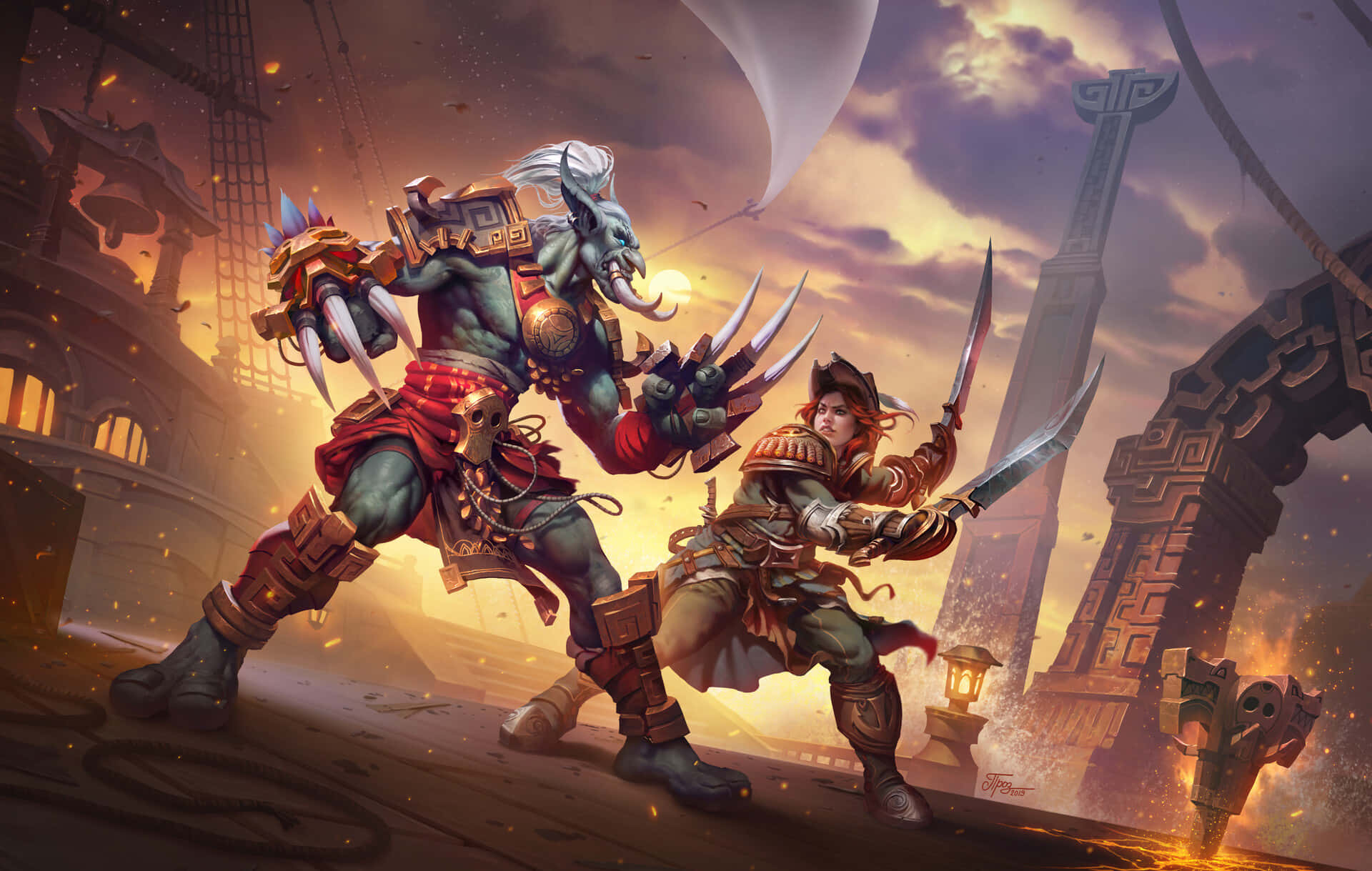 World of Warcraft, fantasy warriors, fiery ancient ruin, Full HD Desktop Wallpaper