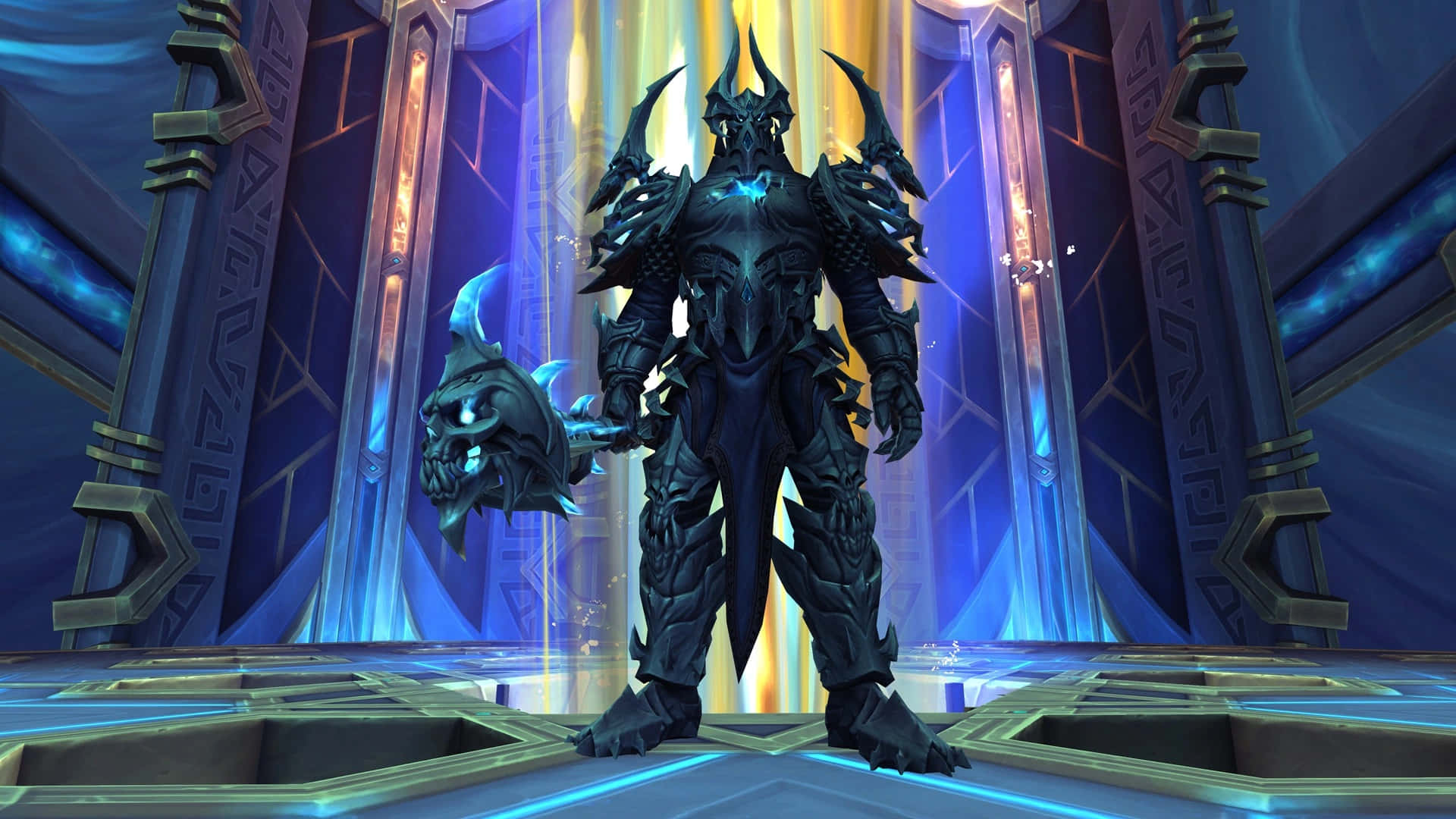 World of Warcraft, demon lord, glowing blue and gold throne room, Full HD Desktop Wallpaper