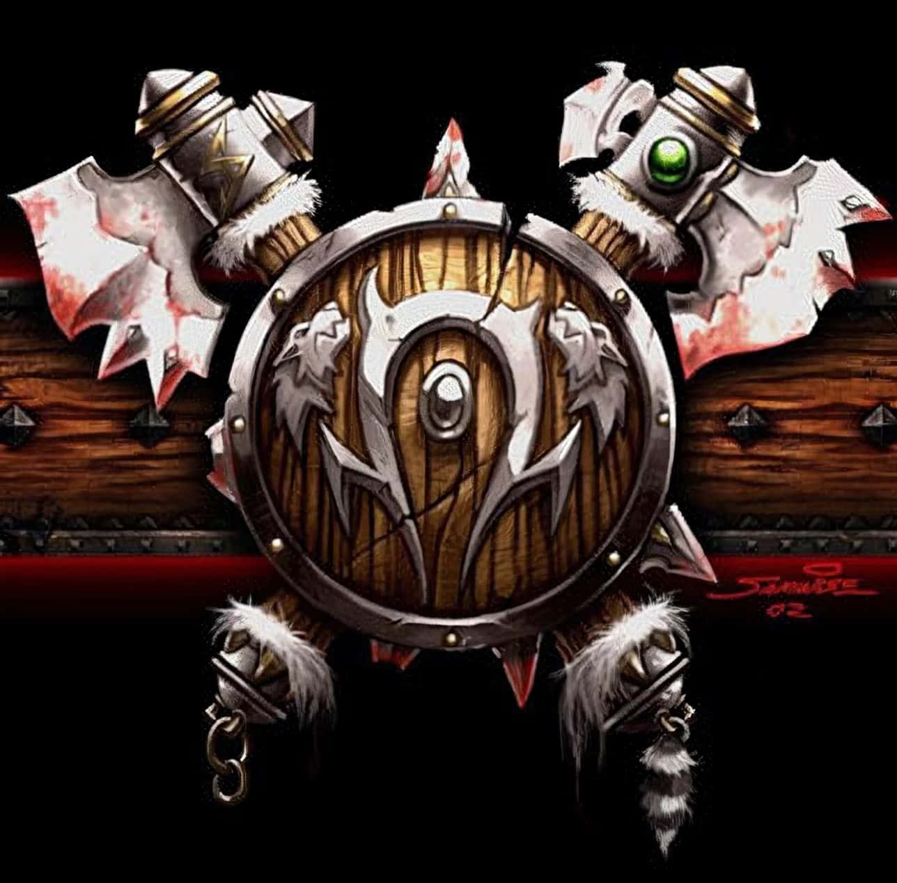 Warcraft Horde, silver wolf emblem, bloodied axes, HD Desktop Wallpaper