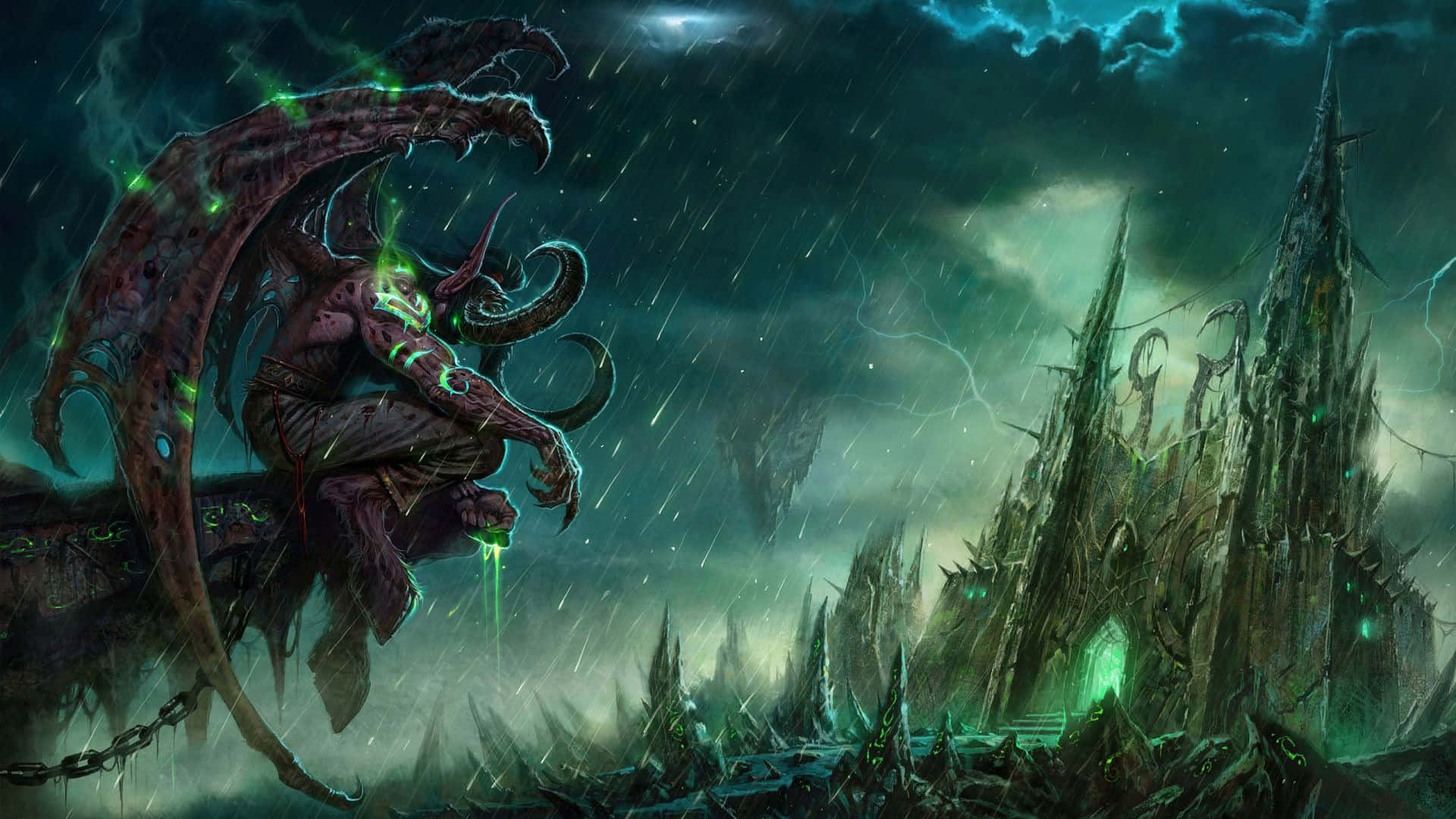World of Warcraft, demonic figure, glowing green eyes, Full HD Desktop Wallpaper