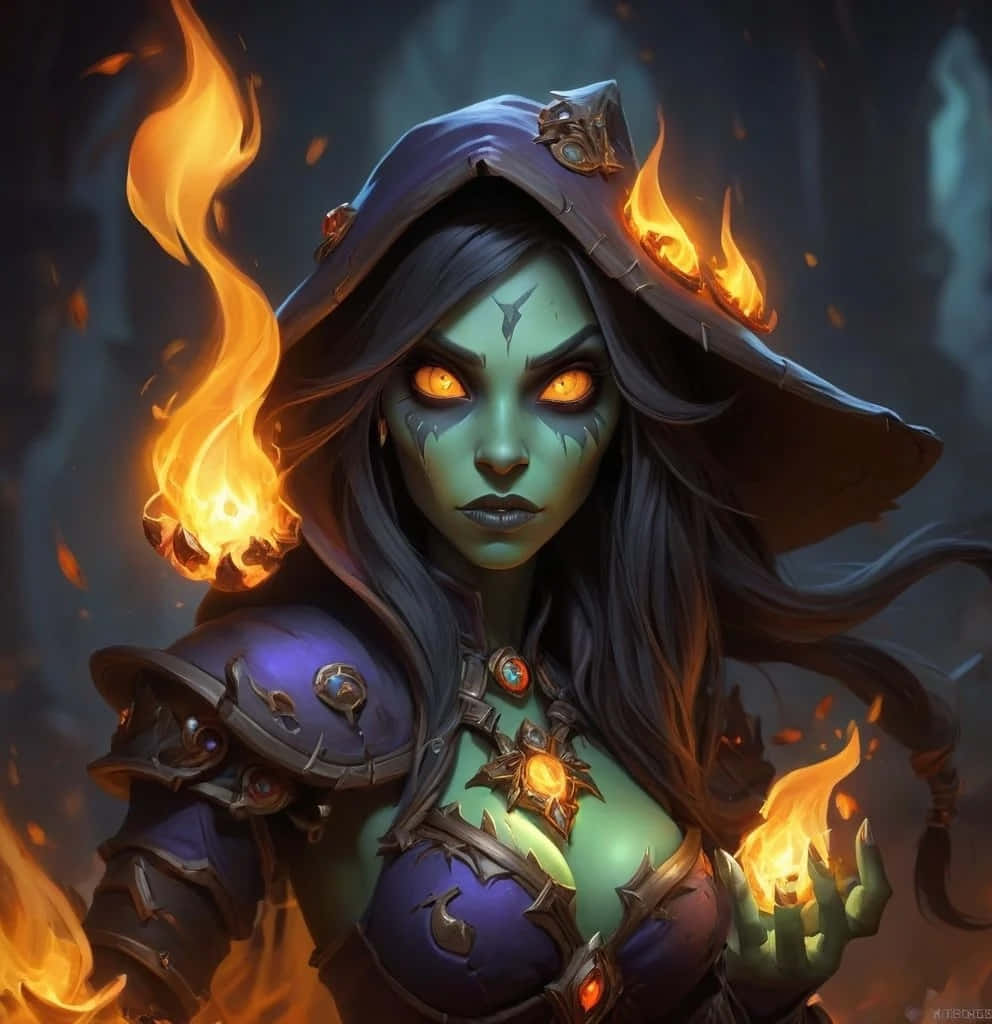 World Of Warcraft Mage, green-skinned witch, glowing orange eyes, SD Phone Wallpaper
