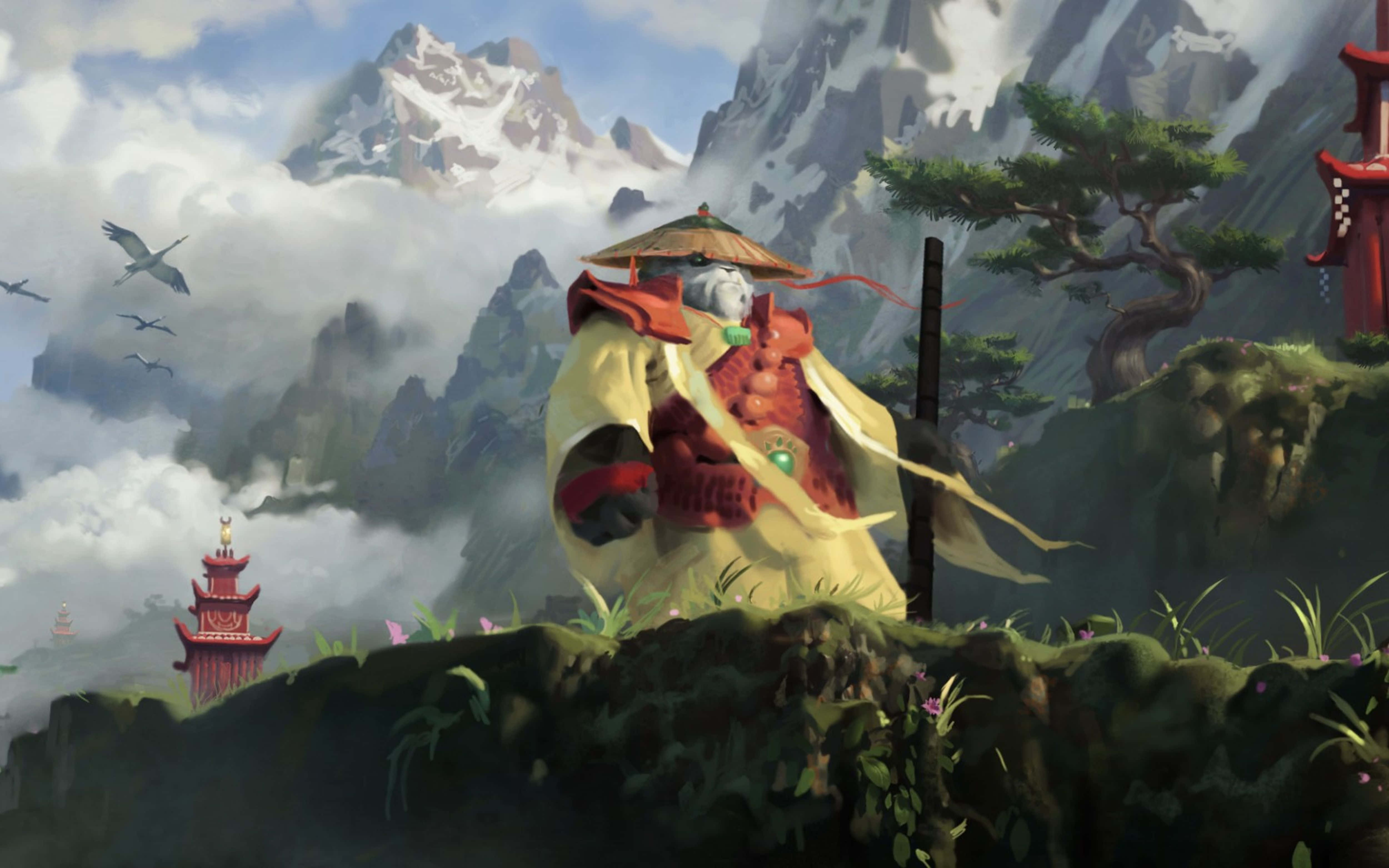 World of Warcraft: Mists of Pandaria, giant panda monk, yellow robe, 4K Desktop Wallpaper