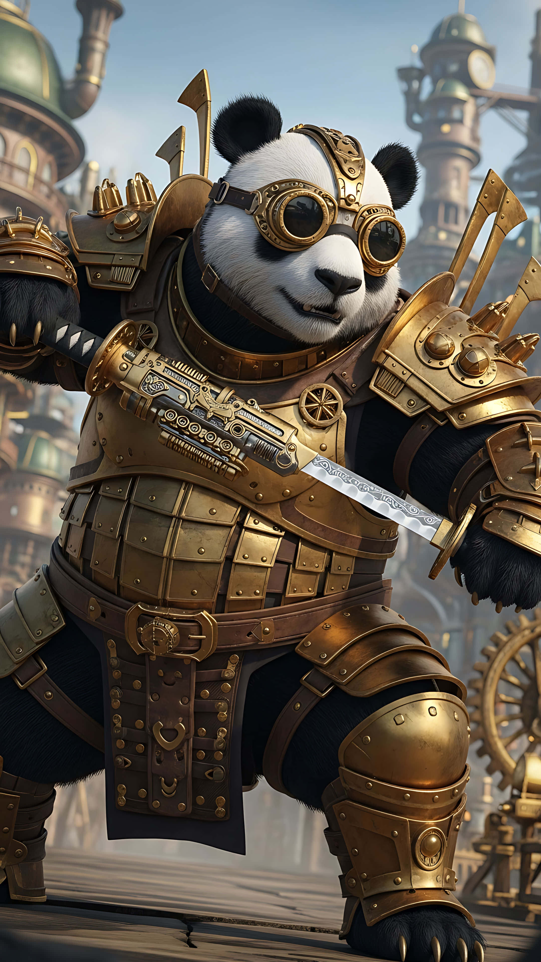 steampunk panda warrior, golden steampunk armor, sword, 4K Phone Wallpaper
