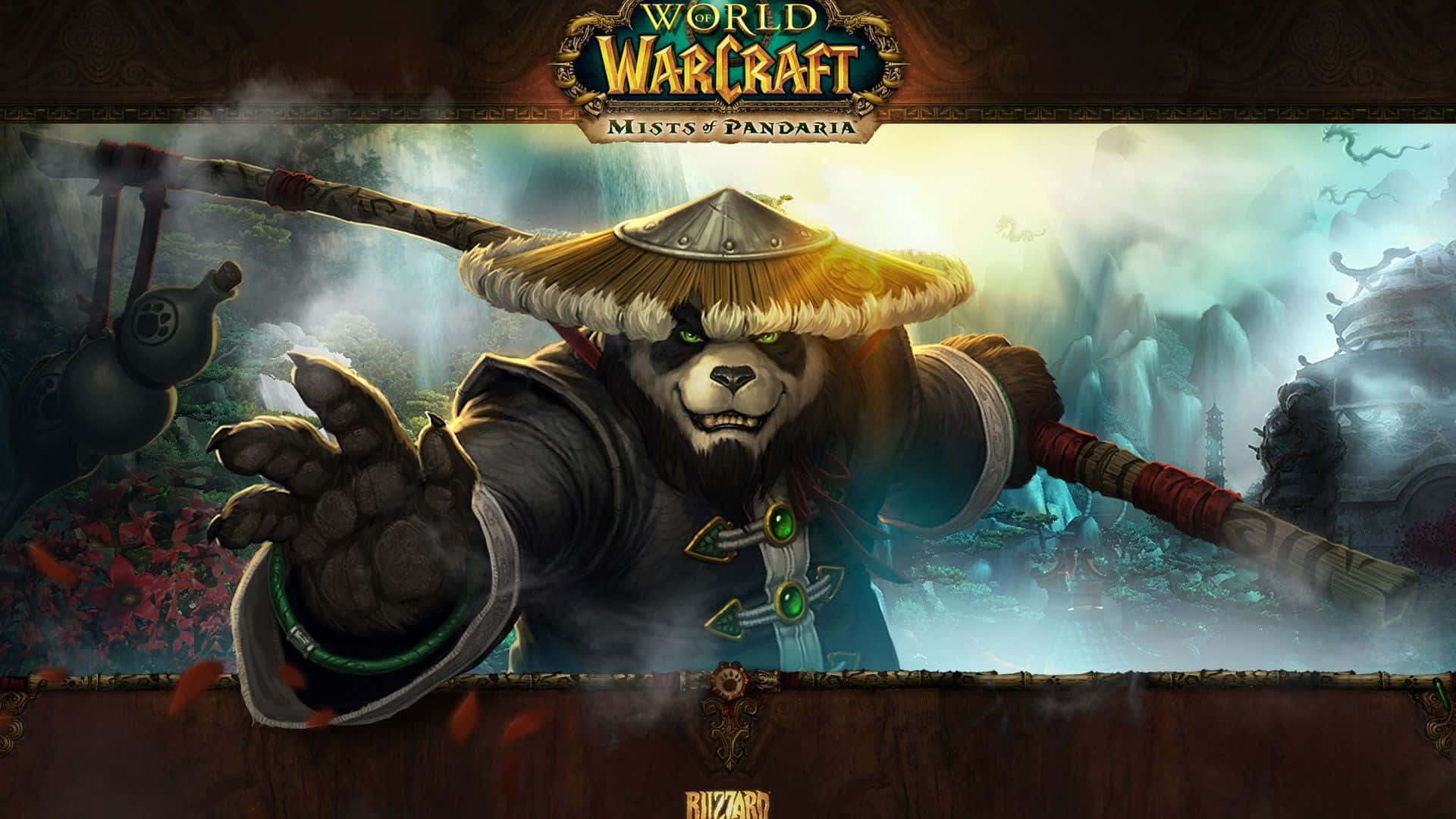 World of Warcraft: Mists of Pandaria, panda warrior, straw hat, Full HD Desktop Wallpaper