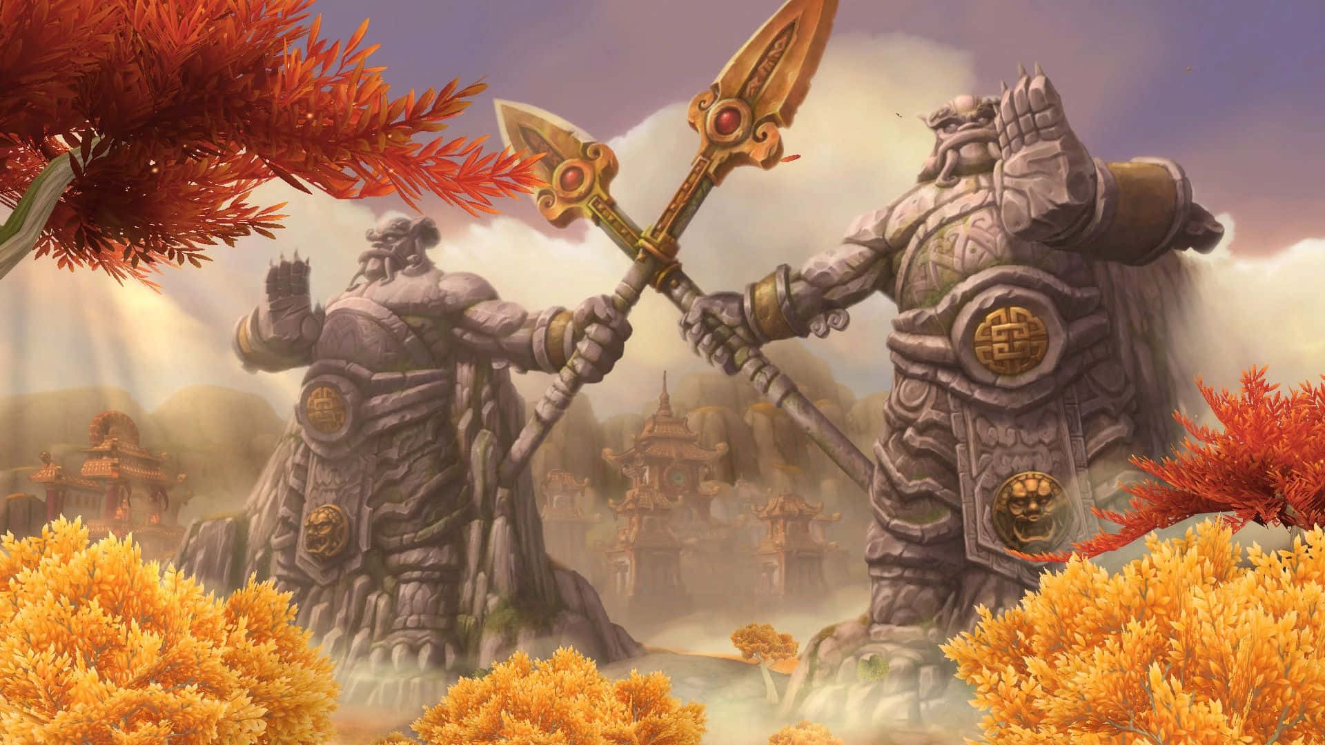 Mists of Pandaria, stone guardians, ornate spears, Full HD Desktop Wallpaper