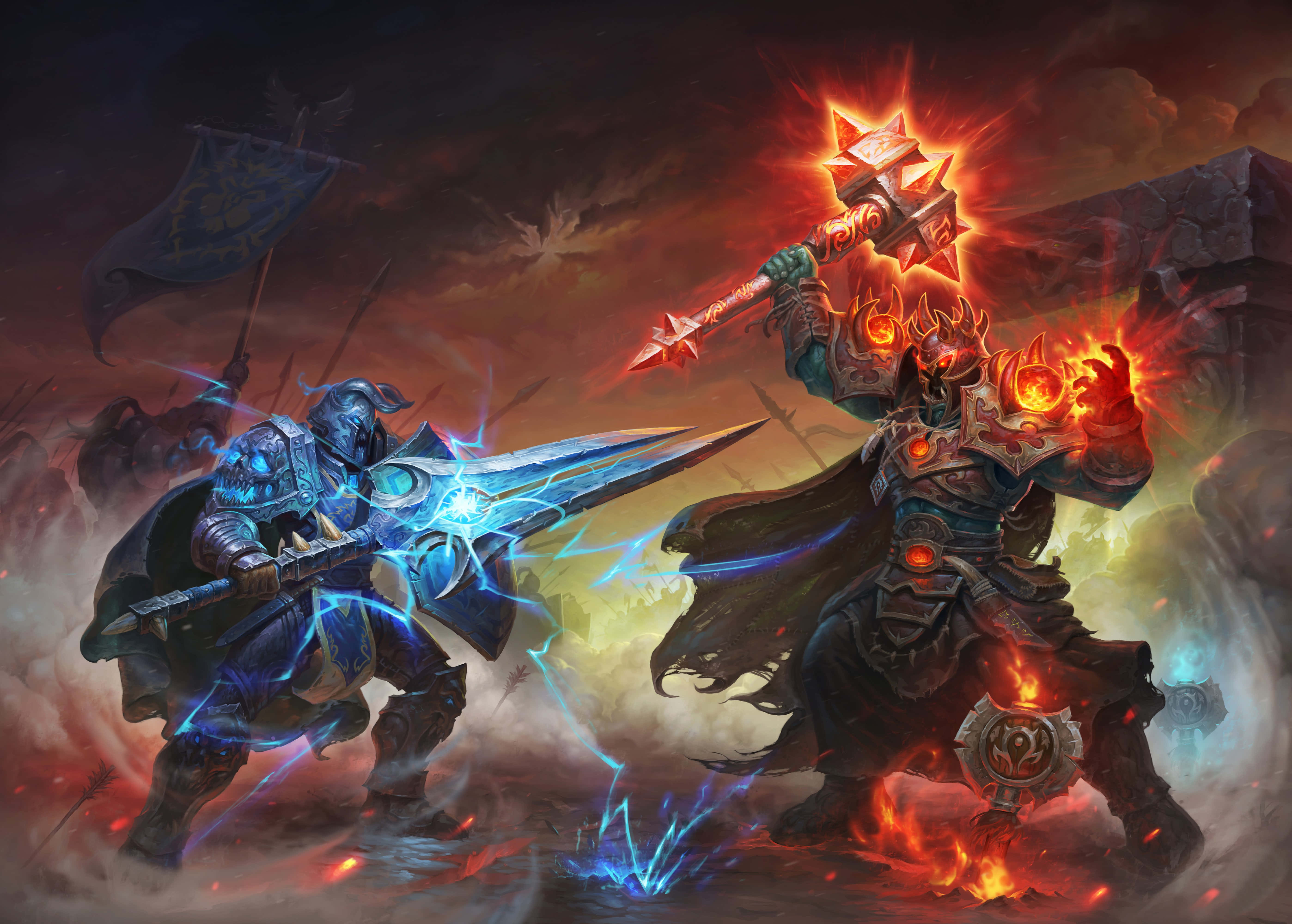 World of Warcraft Races, glowing blue sword, flaming hammer, 5K Desktop Wallpaper