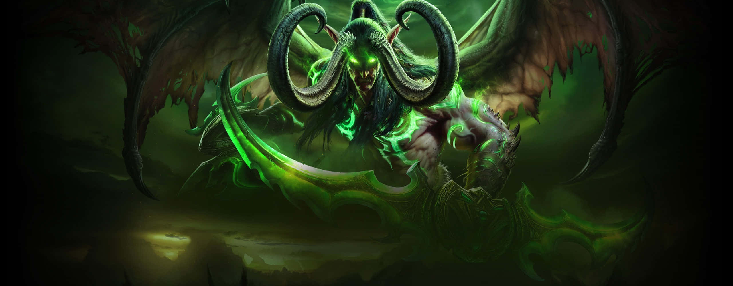 World of Warcraft races, green-skinned demon, curved horns, 2K Desktop Wallpaper