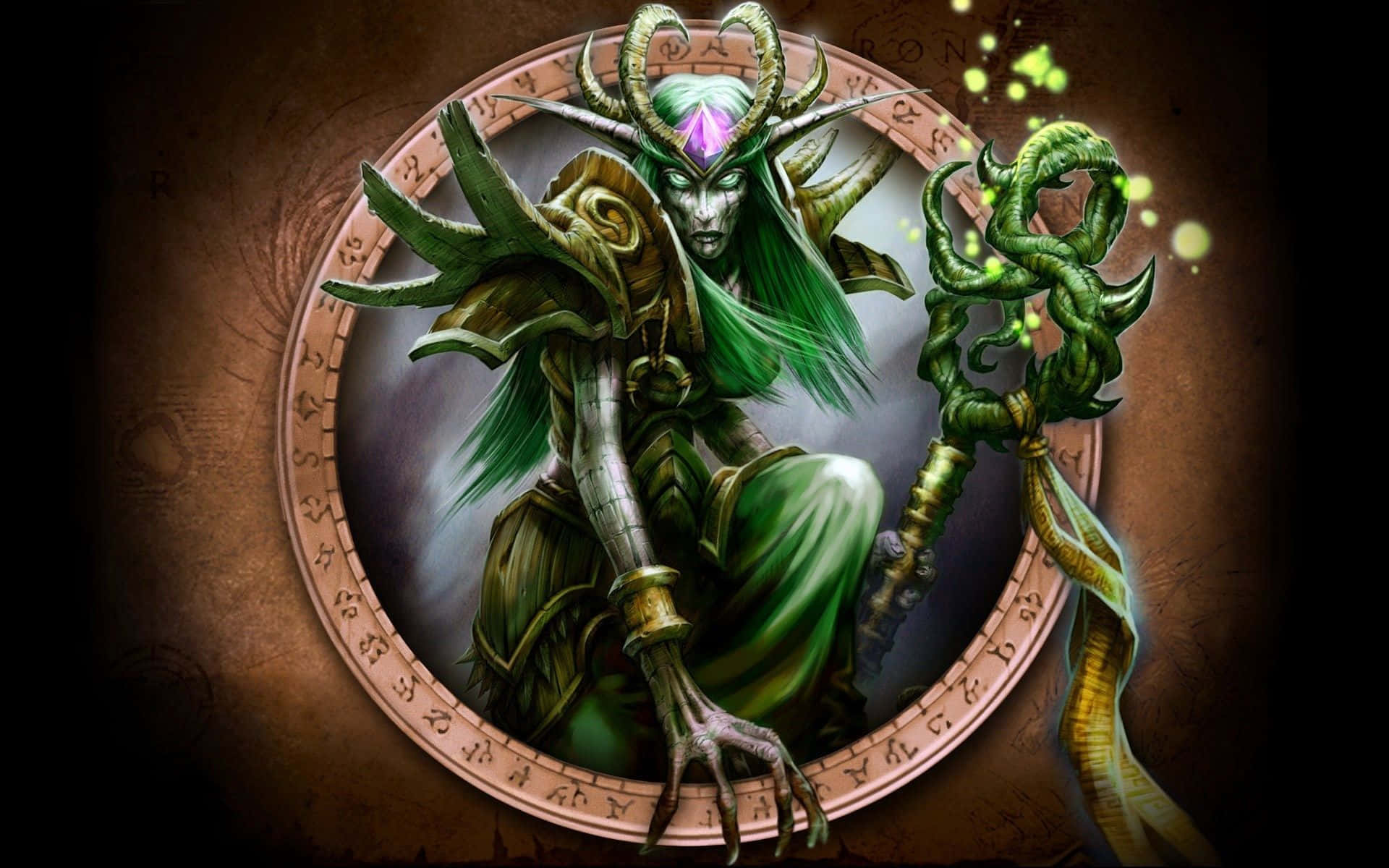 World of Warcraft Races, green-skinned demonic sorceress, horns, Full HD Desktop Wallpaper