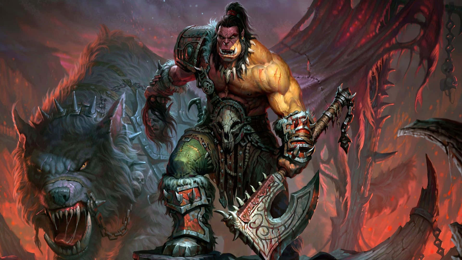 World of Warcraft, orc warrior, spiked axe, Full HD Desktop Wallpaper