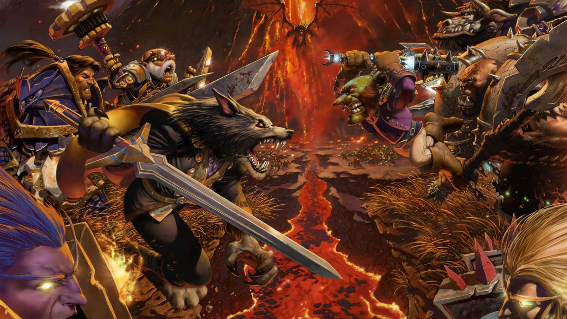 World of Warcraft Races, fantasy warriors, fiery volcanic battlefield, Full HD Desktop Wallpaper
