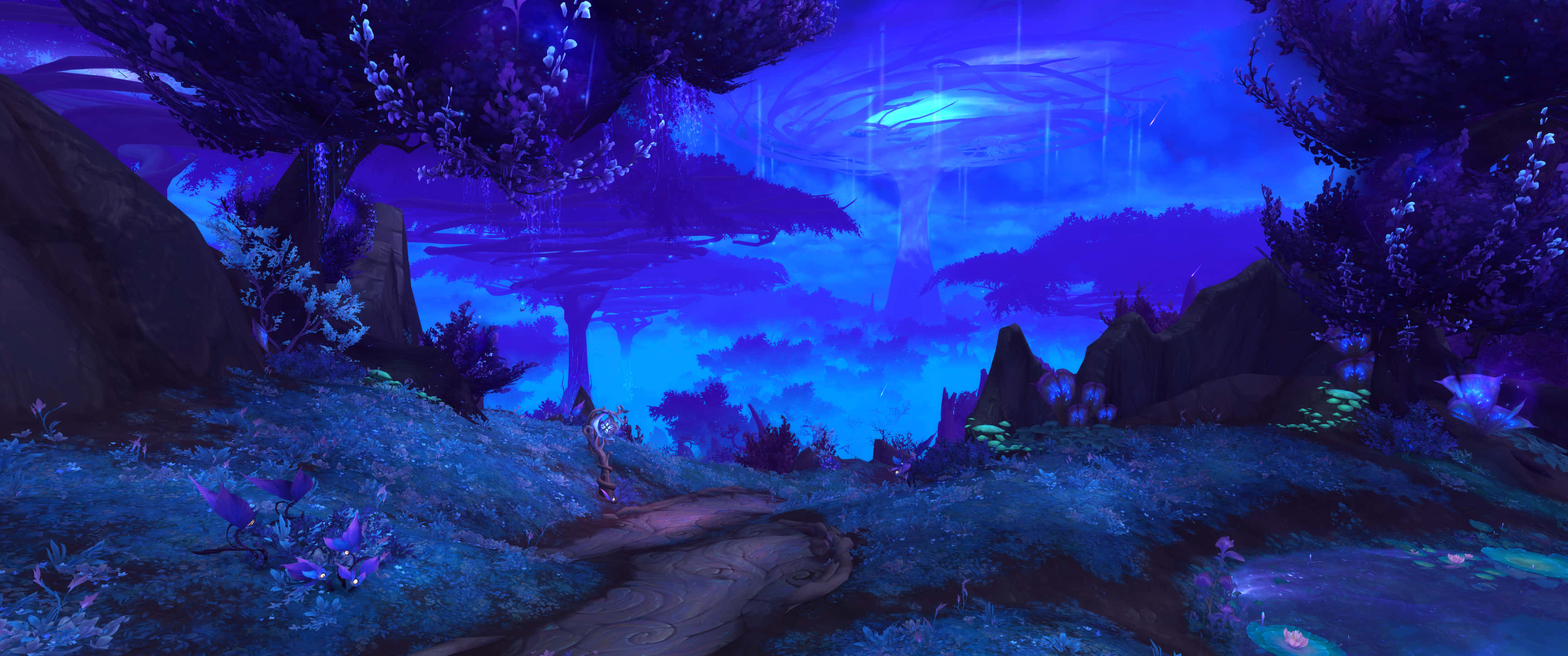 World of Warcraft Shadowlands, mystical forest, electric blue and purple bioluminescent flora, 2K Desktop Wallpaper