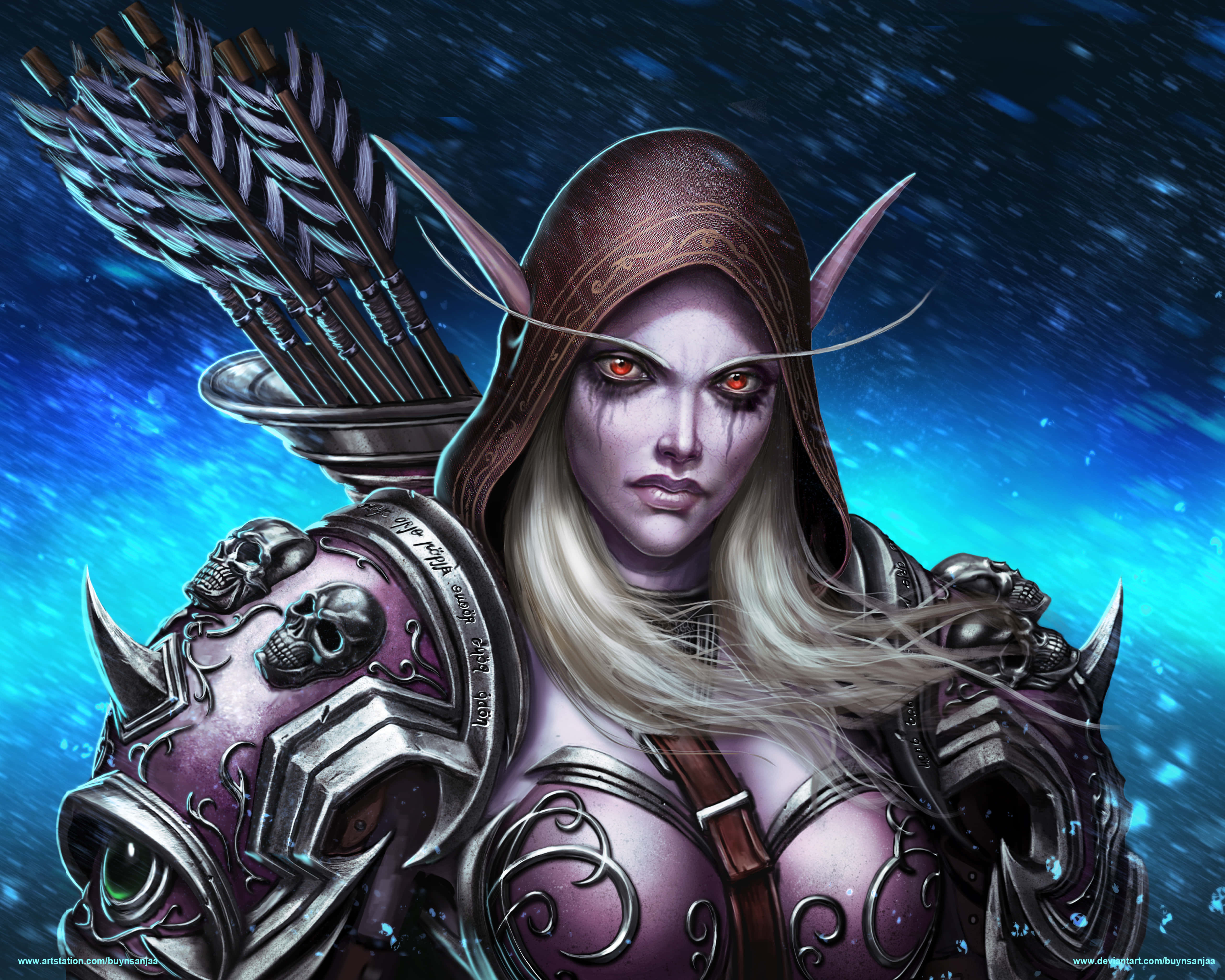World of Warcraft Shadowlands, elven archer, glowing red eyes, 5K Desktop Wallpaper