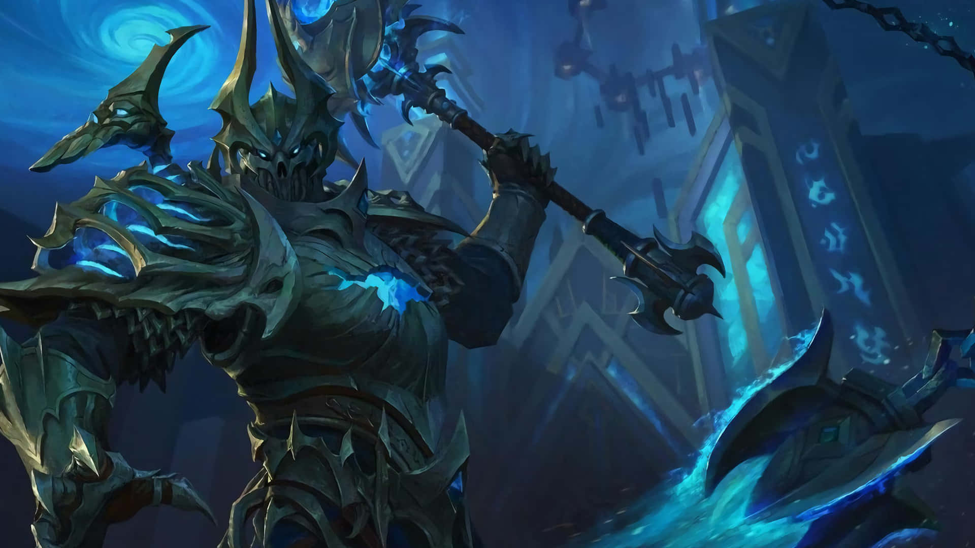 World of Warcraft Shadowlands, dark armored warrior, glowing blue runes, Full HD Desktop Wallpaper
