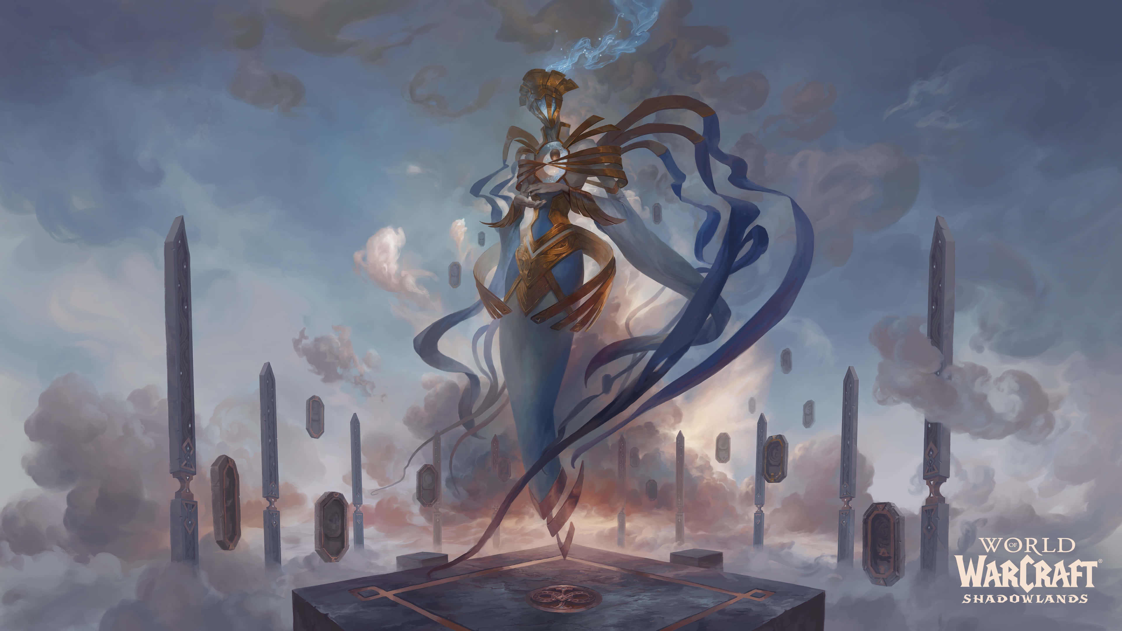 World Of Warcraft Shadowlands, floating figure, blue and gold robes, 4K Desktop Wallpaper