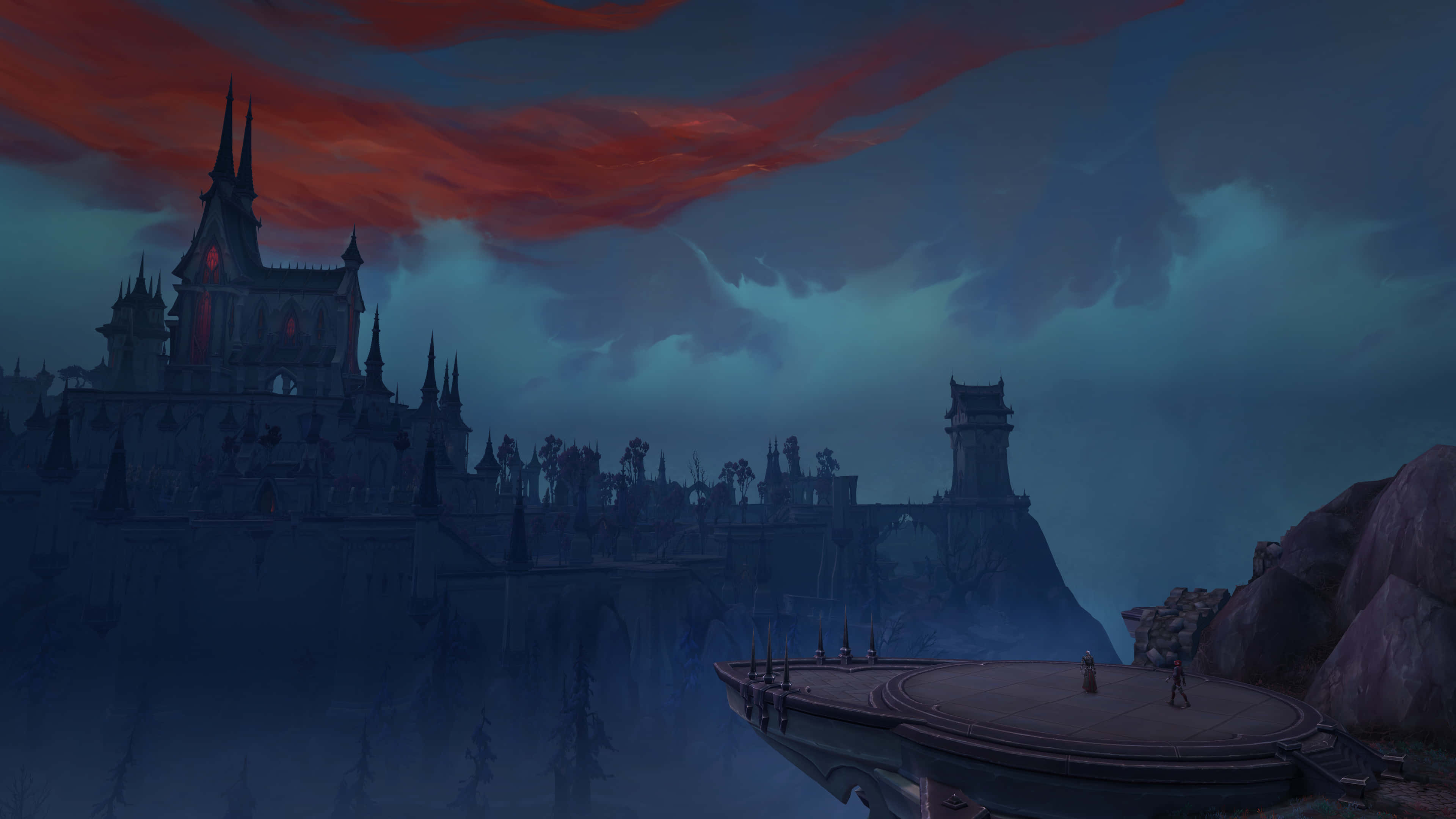 World of Warcraft Shadowlands, cliffside platform, misty gothic castle, 4K Desktop Wallpaper